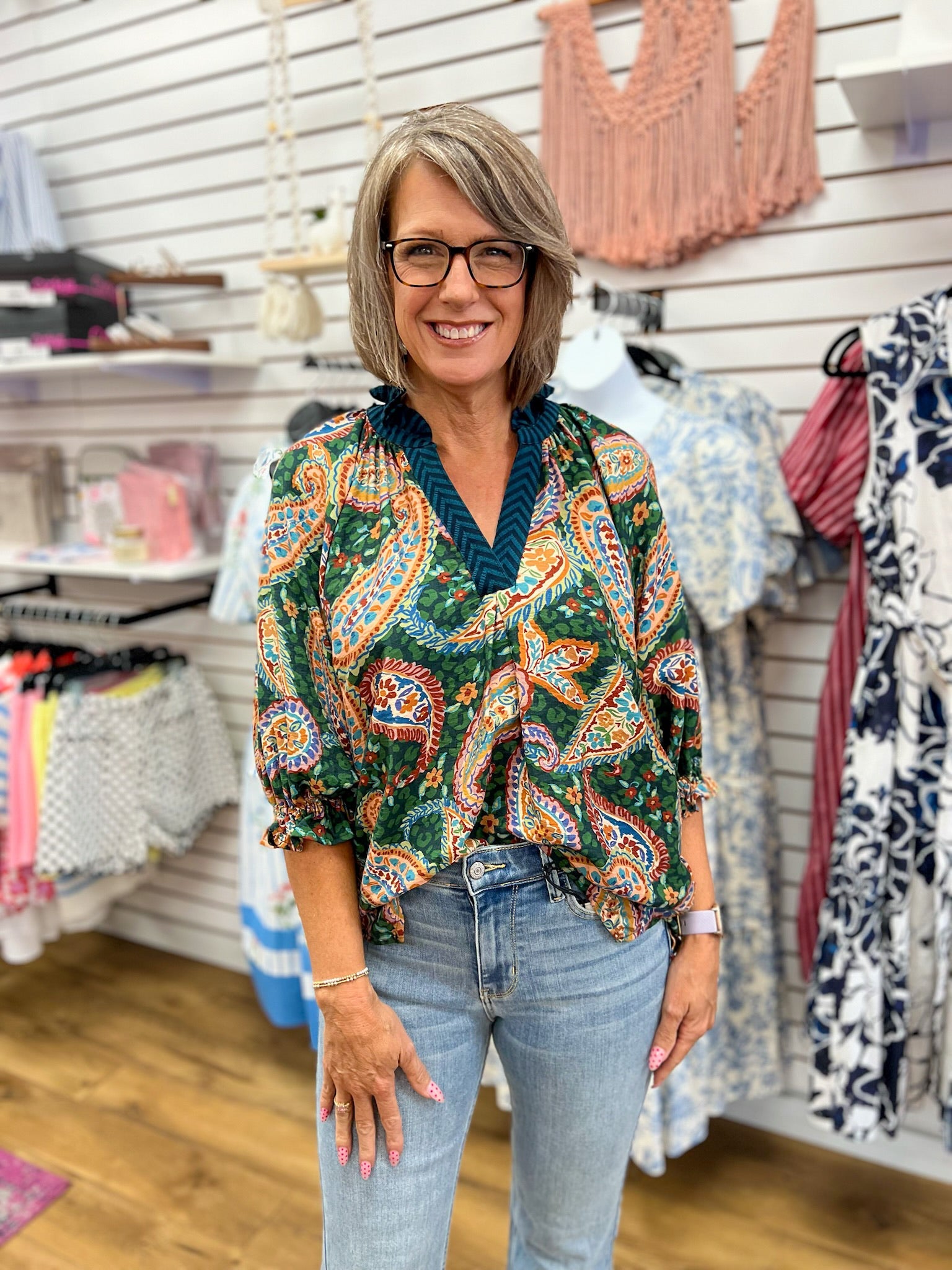 Hunter Green Paisley Print V-Neck Top with Bubble Sleeves - A'Bekah's Boutique