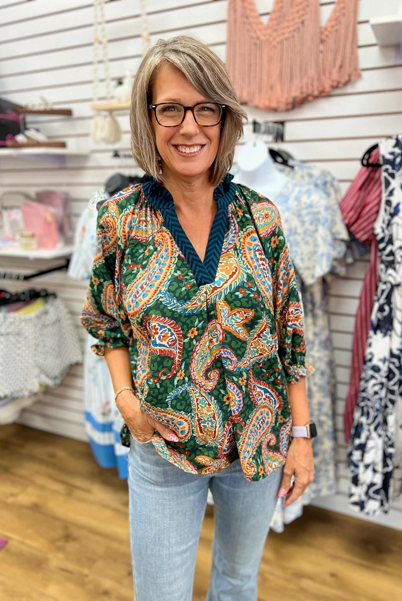 Hunter Green Paisley Print V-Neck Top with Bubble Sleeves - A'Bekah's Boutique