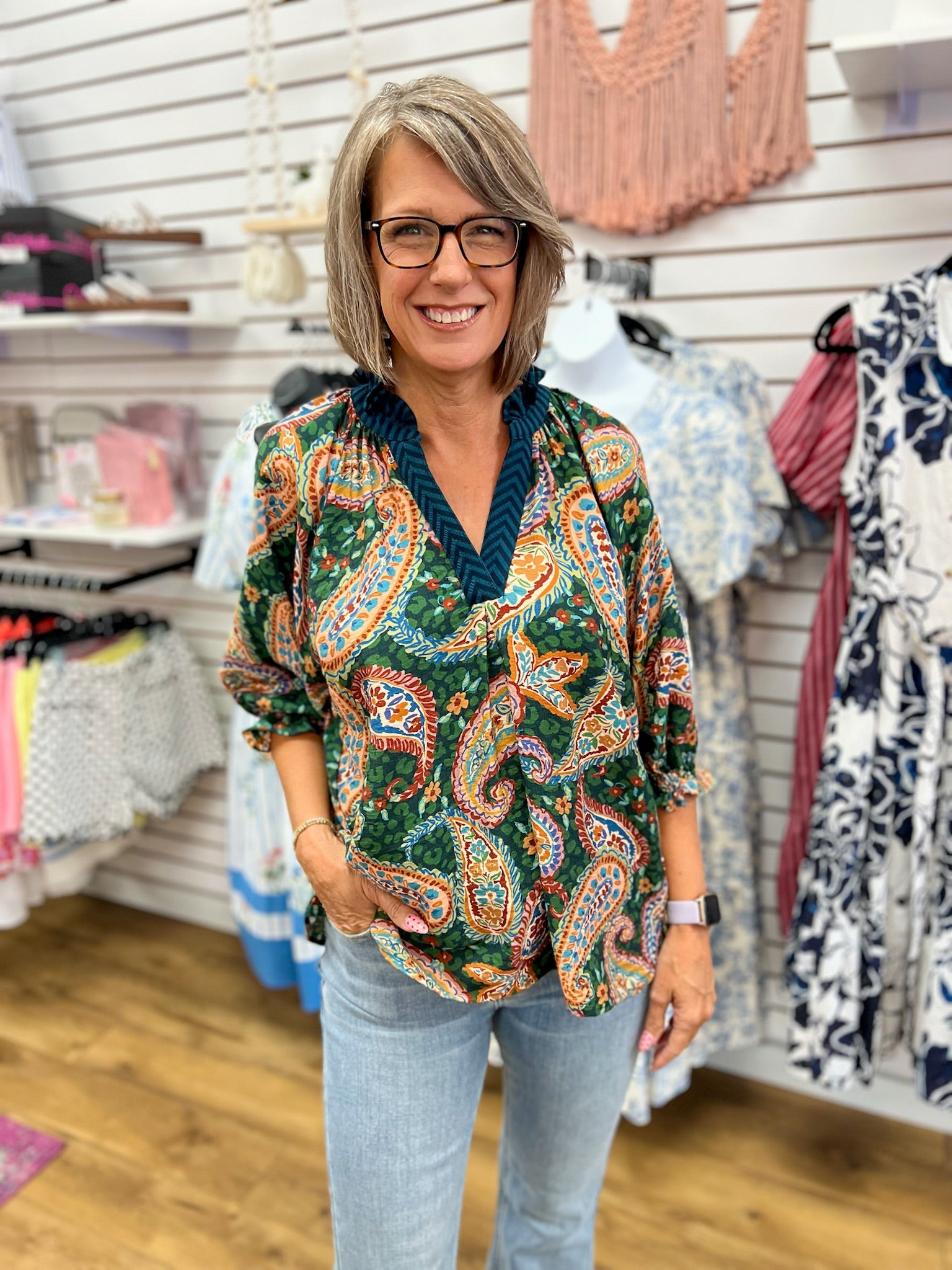 Hunter Green Paisley Print V-Neck Top with Bubble Sleeves - A'Bekah's Boutique