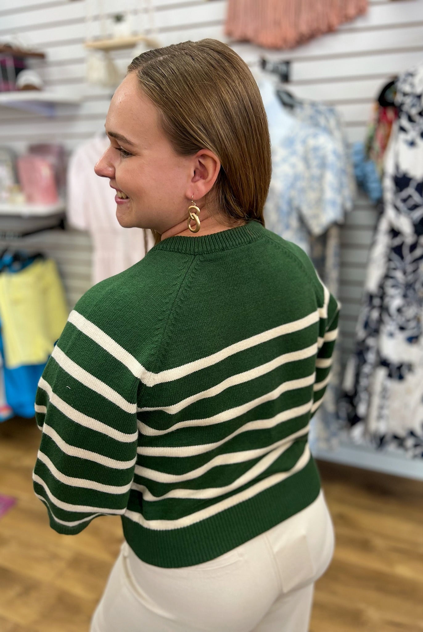 Hunter Green Striped 3/4 Sleeve Sweater with Button Details - A'Bekah's Boutique