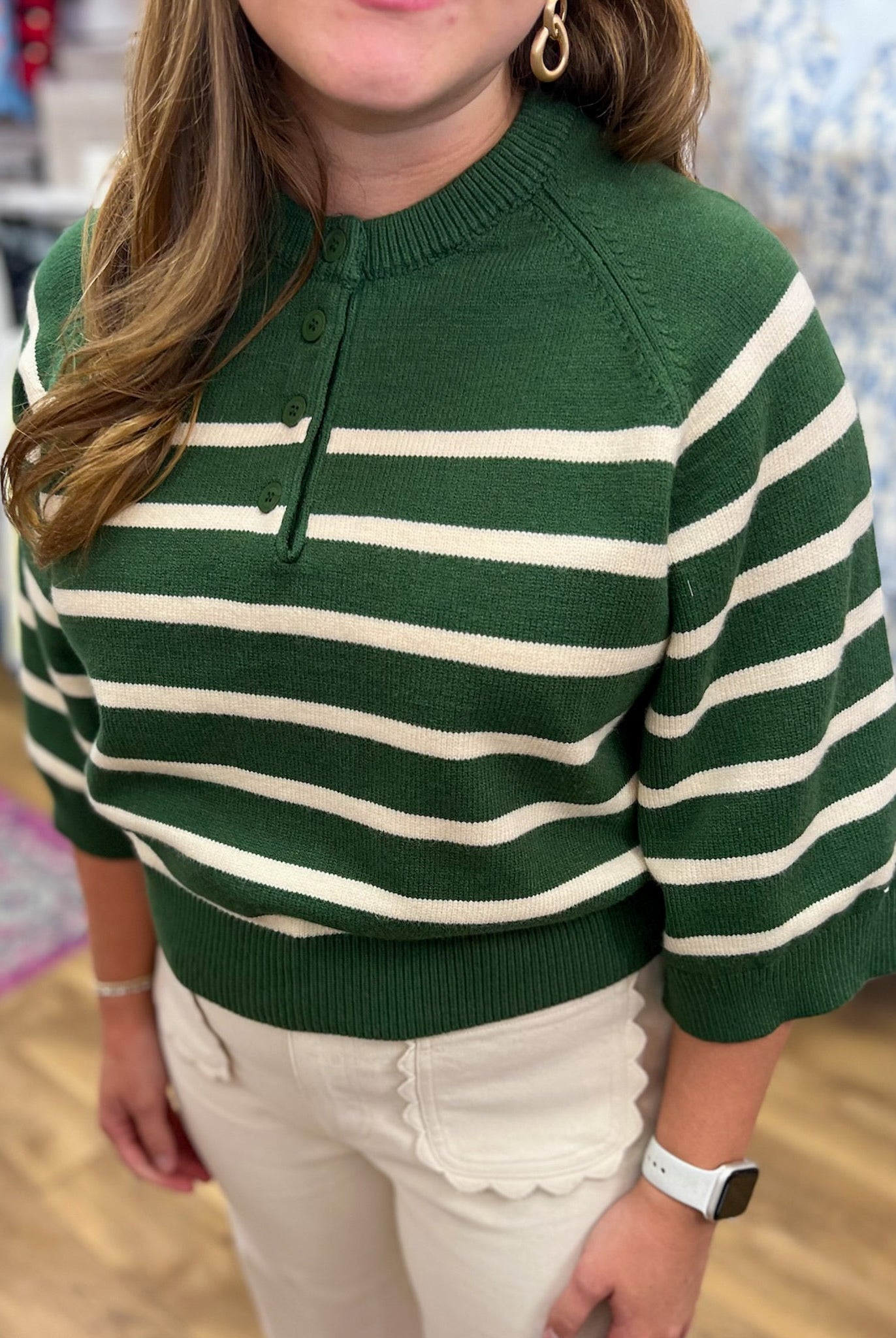Hunter Green Striped 3/4 Sleeve Sweater with Button Details - A'Bekah's Boutique
