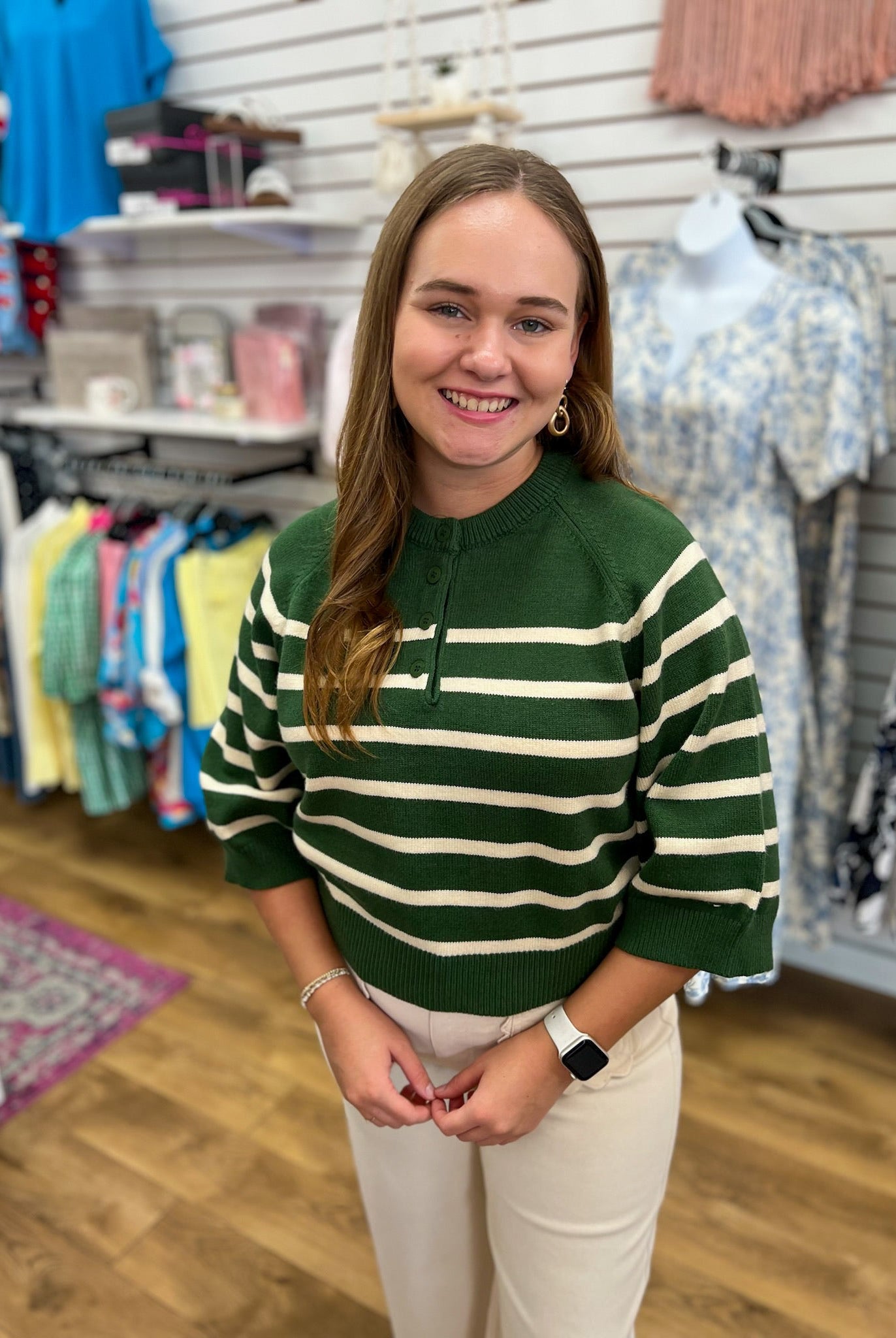 Hunter Green Striped 3/4 Sleeve Sweater with Button Details - A'Bekah's Boutique