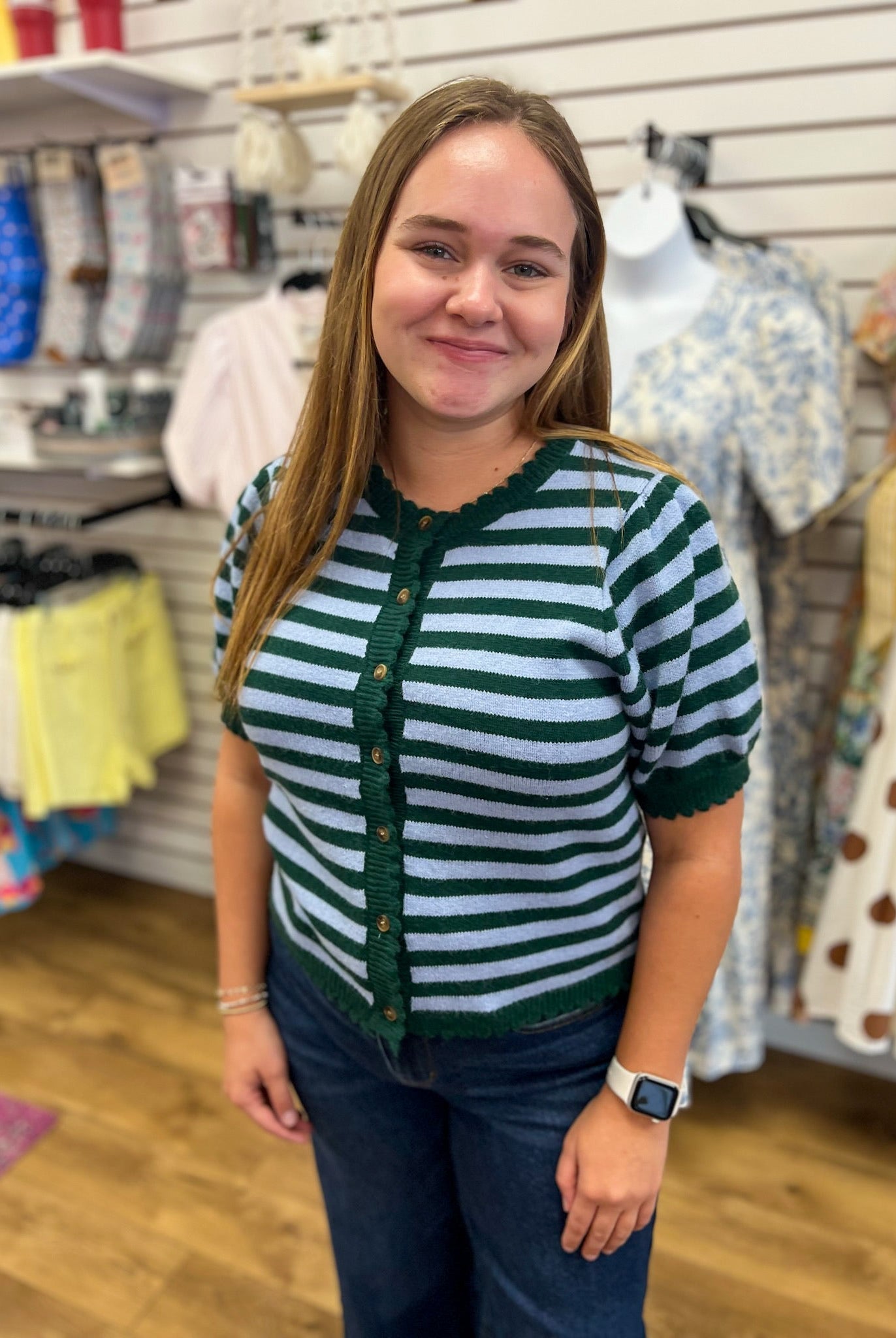 Hunter Green Striped Button Up Sweater with Short Sleeves - A'Bekah's Boutique