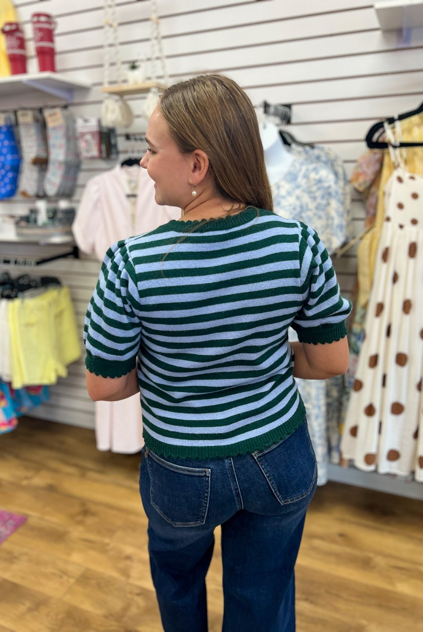 Hunter Green Striped Button Up Sweater with Short Sleeves - A'Bekah's Boutique