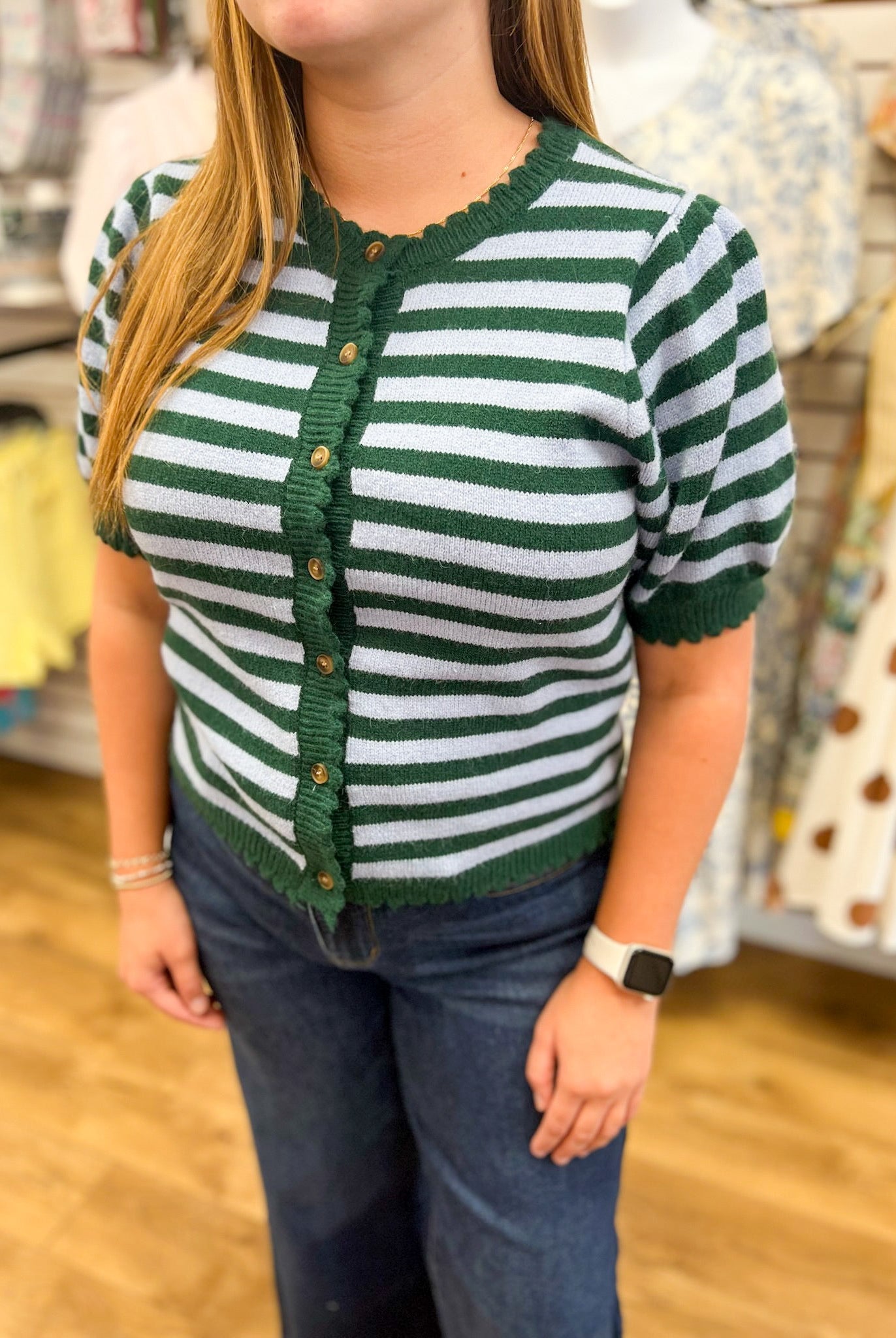 Hunter Green Striped Button Up Sweater with Short Sleeves - A'Bekah's Boutique