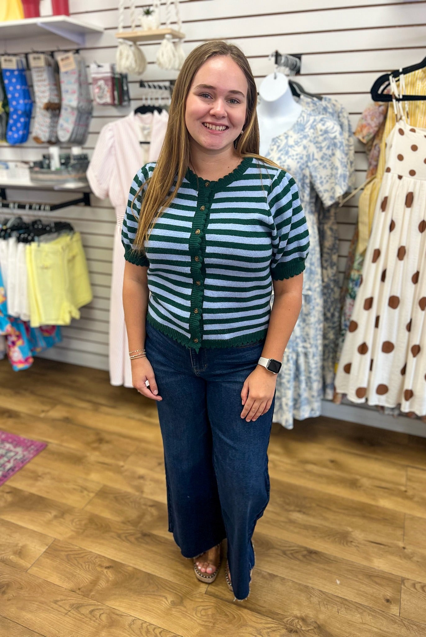 Hunter Green Striped Button Up Sweater with Short Sleeves - A'Bekah's Boutique