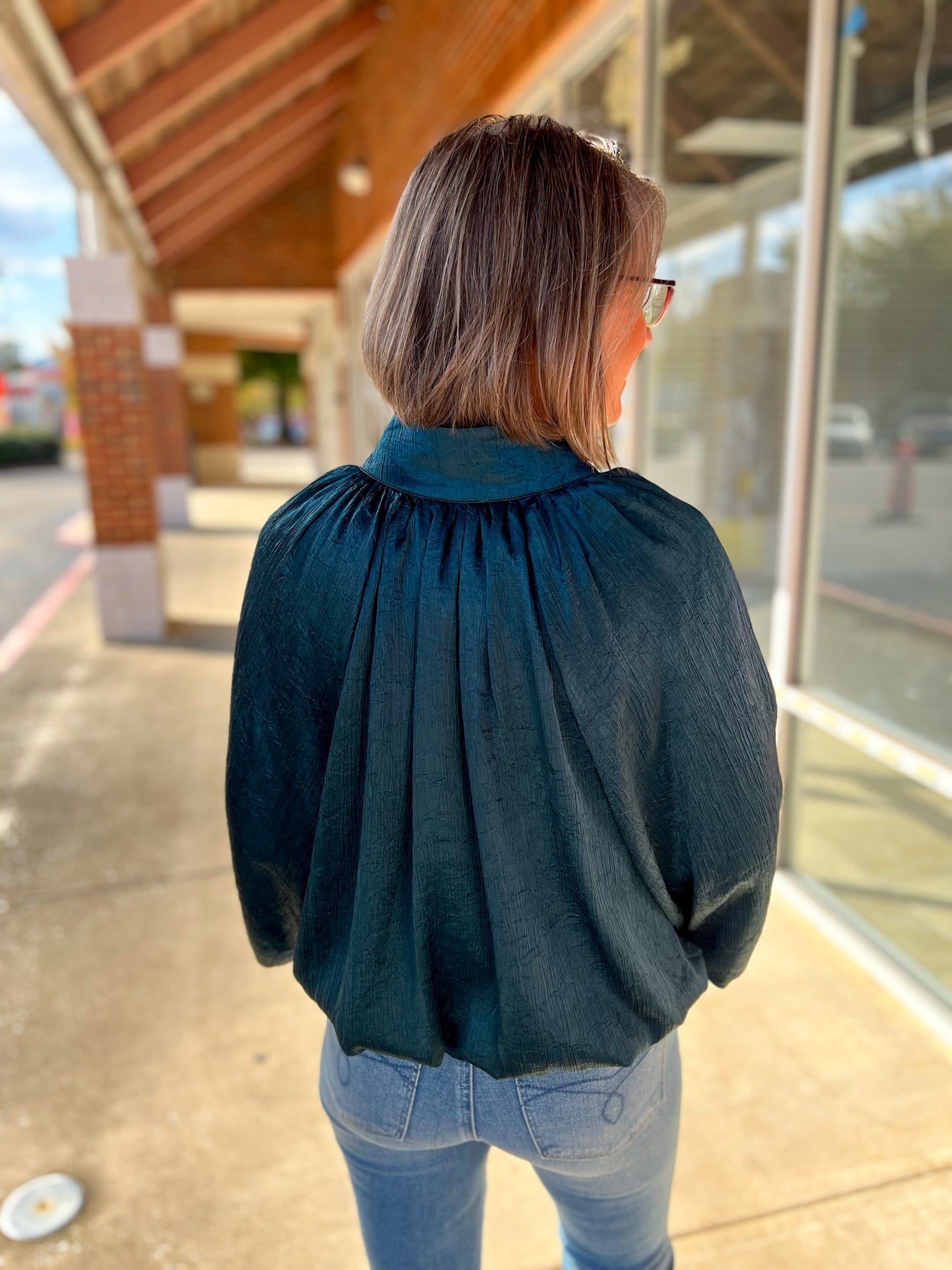 Hunter Green V - Neck Top with Long Balloon Sleeves - A'Bekah's Boutique
