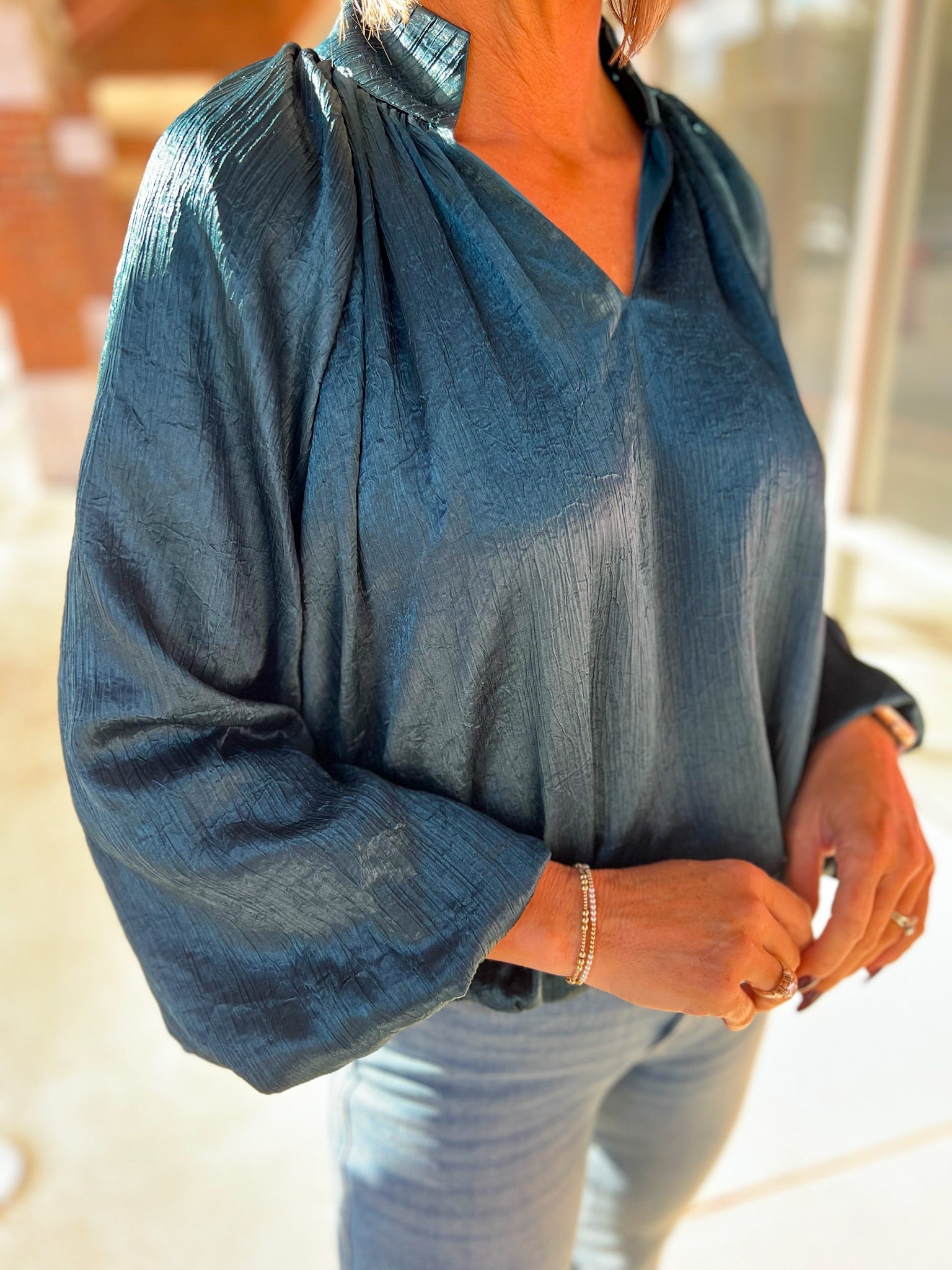 Hunter Green V - Neck Top with Long Balloon Sleeves - A'Bekah's Boutique