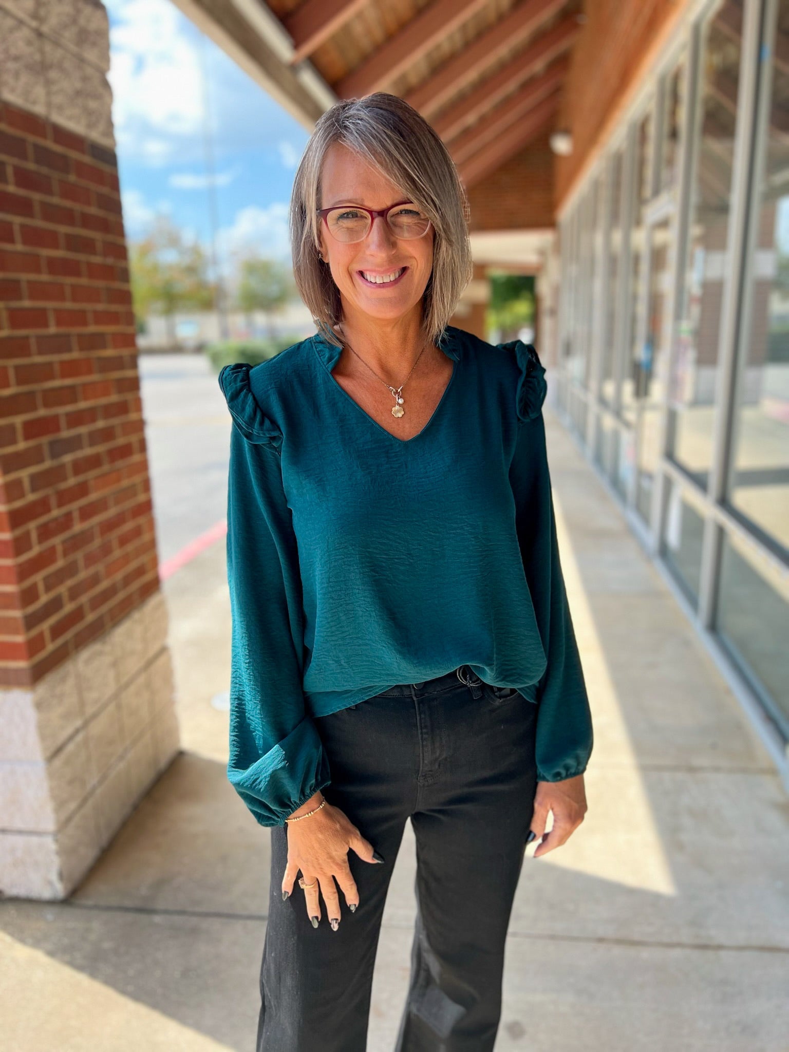 Hunter Green V - Neck Top with Ruffle Shoulder Detail - A'Bekah's Boutique