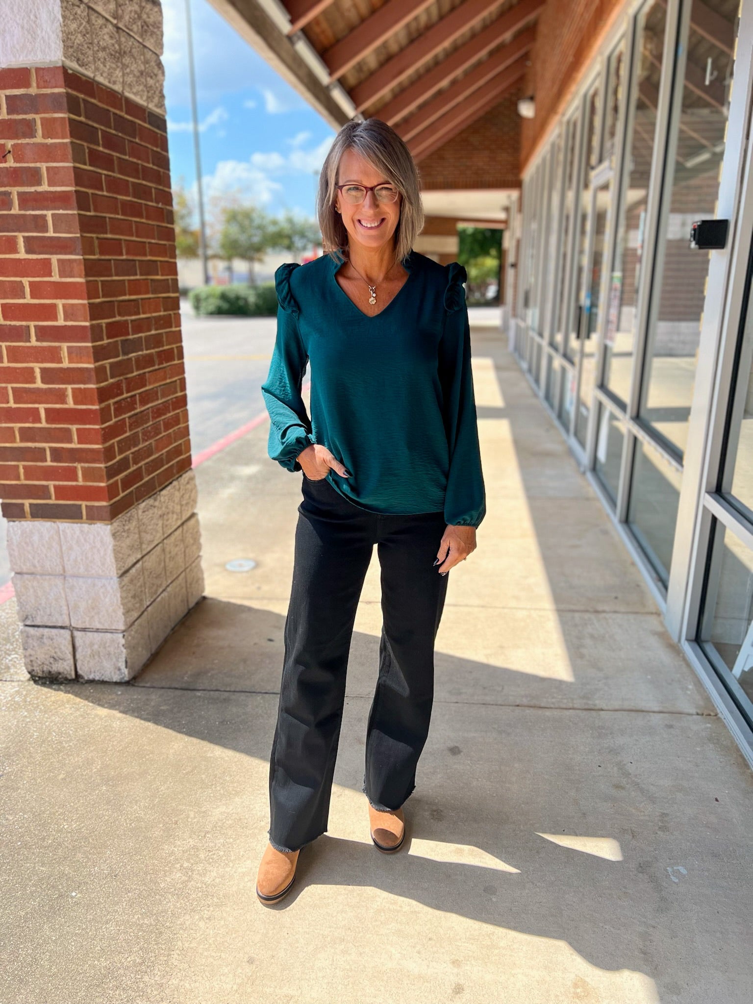 Hunter Green V - Neck Top with Ruffle Shoulder Detail - A'Bekah's Boutique