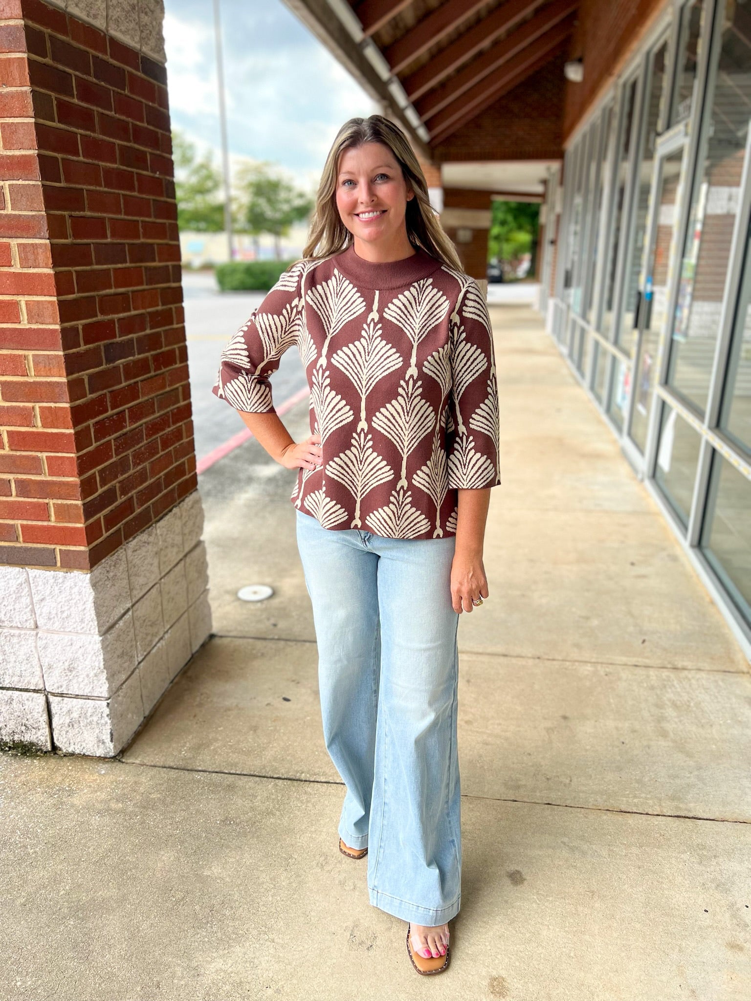 Hurry and Wait Brown Abstract Print Mock Neck Sweater - A'Bekah's Boutique