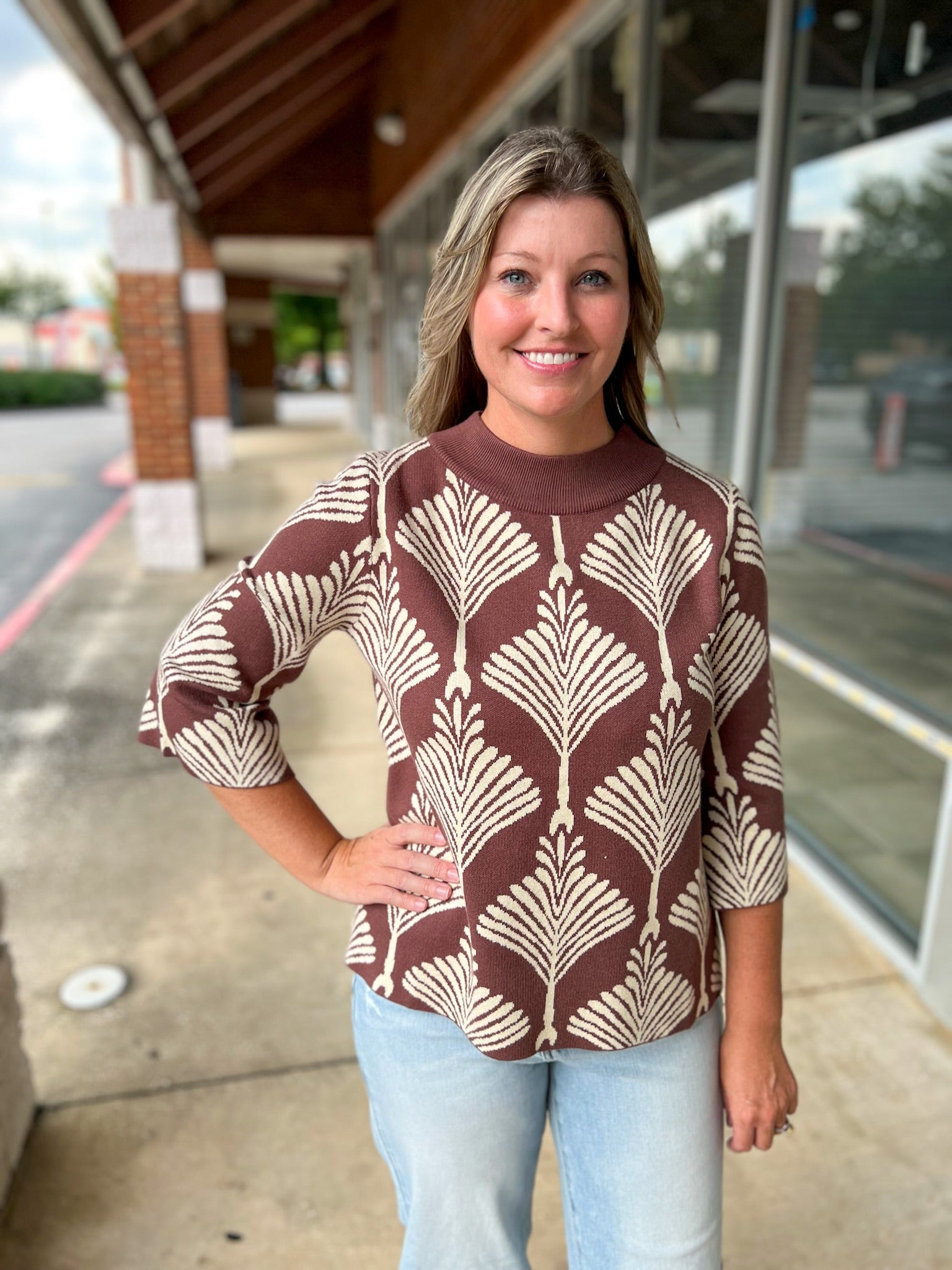 Hurry and Wait Brown Abstract Print Mock Neck Sweater - A'Bekah's Boutique