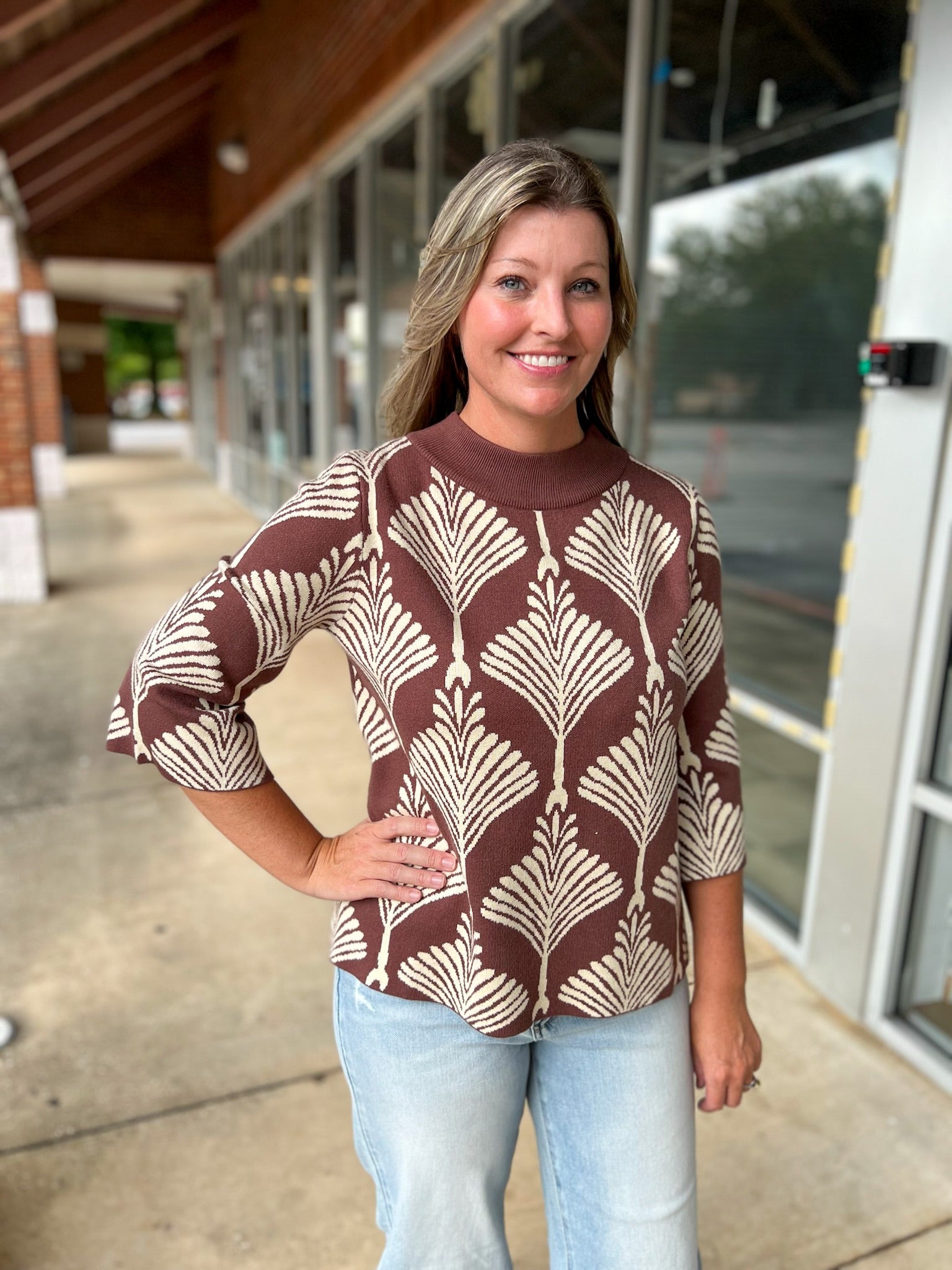 Hurry and Wait Brown Abstract Print Mock Neck Sweater - A'Bekah's Boutique