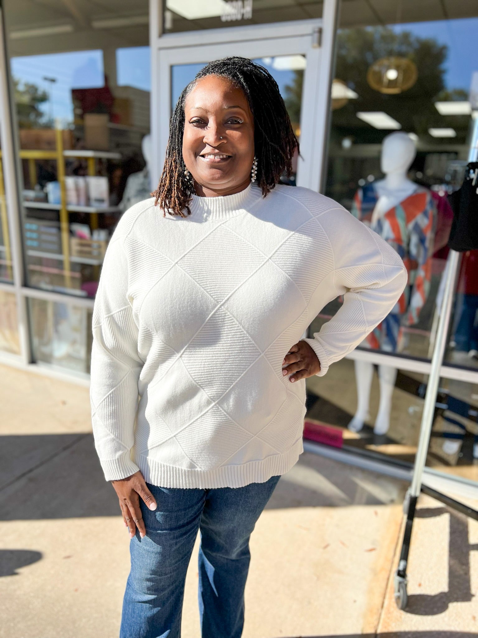 I Am Enough Cream Mock Neck Dolman Sleeve Sweater with Diamond Pattern - A'Bekah's Boutique