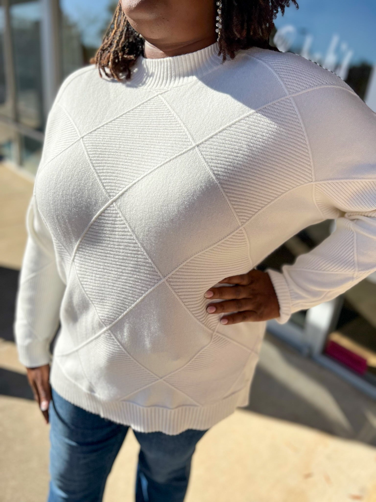 I Am Enough Cream Mock Neck Dolman Sleeve Sweater with Diamond Pattern - A'Bekah's Boutique
