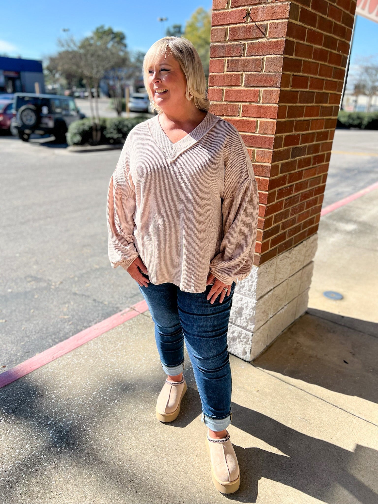 I Know Better Oatmeal Ribbed V - Neck Long Drop Shoulder Sleeves (C) - A'Bekah's Boutique