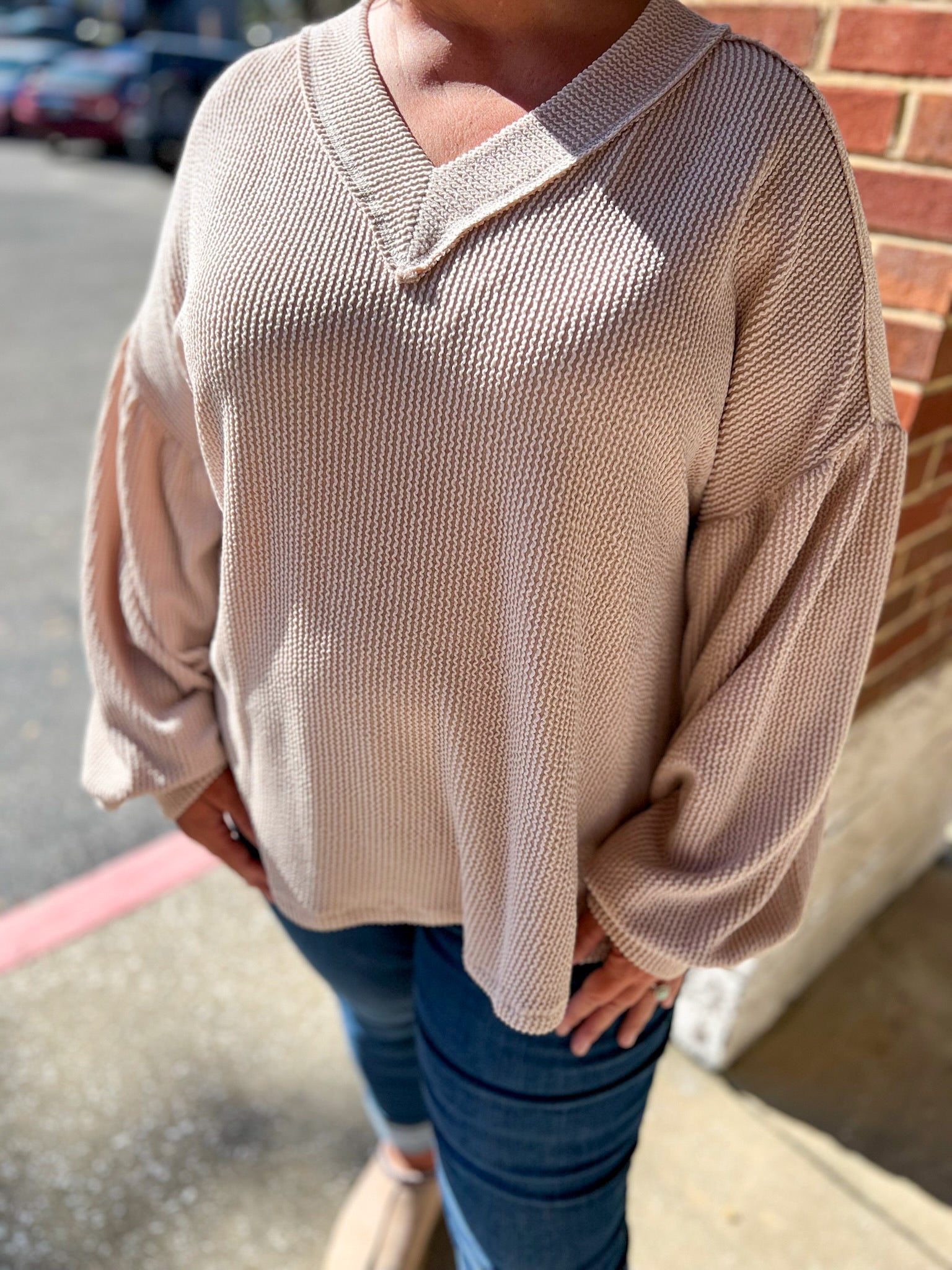 I Know Better Oatmeal Ribbed V - Neck Long Drop Shoulder Sleeves (C) - A'Bekah's Boutique