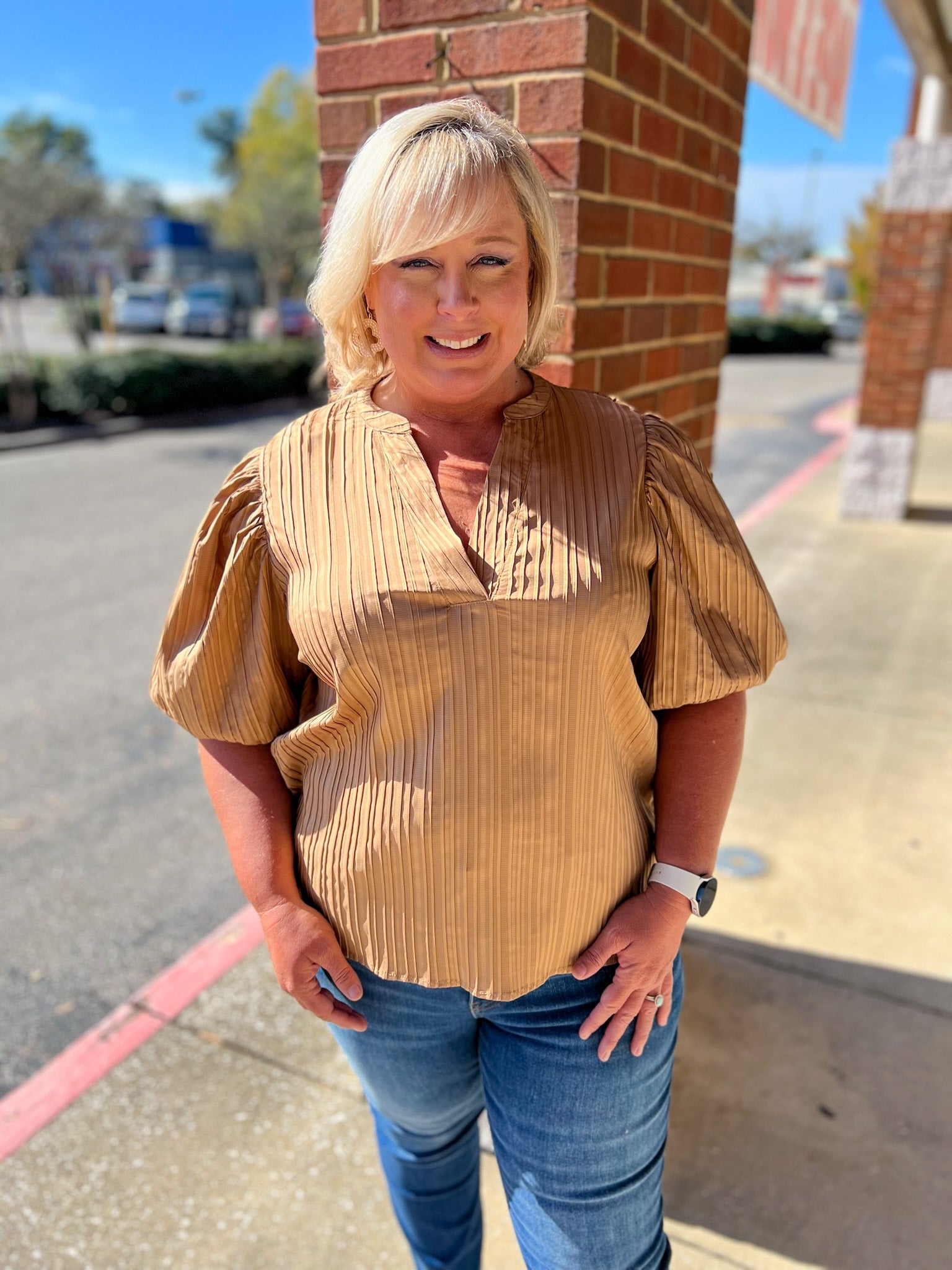 I Need You Taupe V - Neck Top with Short Puff Sleeves - A'Bekah's Boutique