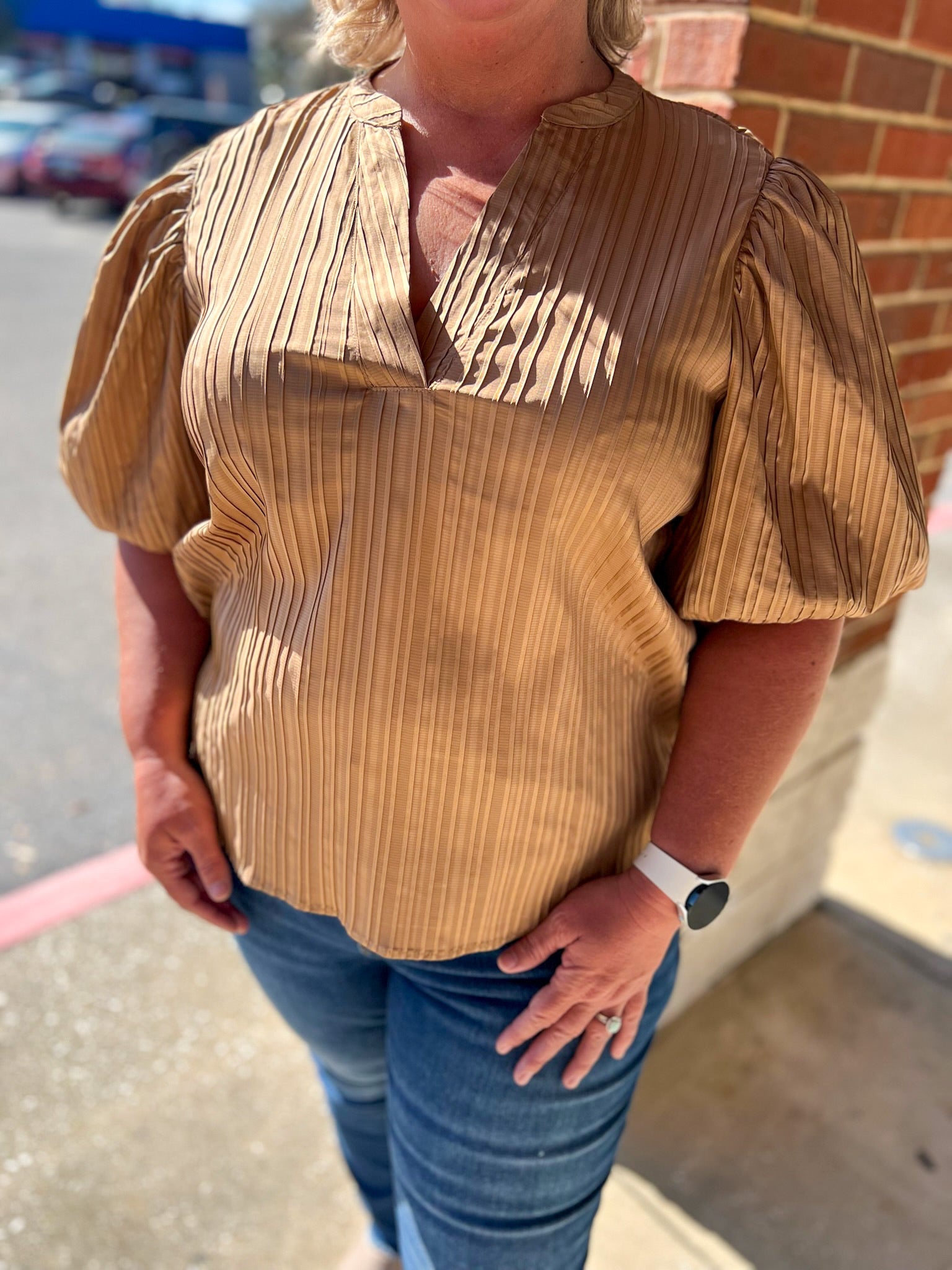 I Need You Taupe V - Neck Top with Short Puff Sleeves - A'Bekah's Boutique