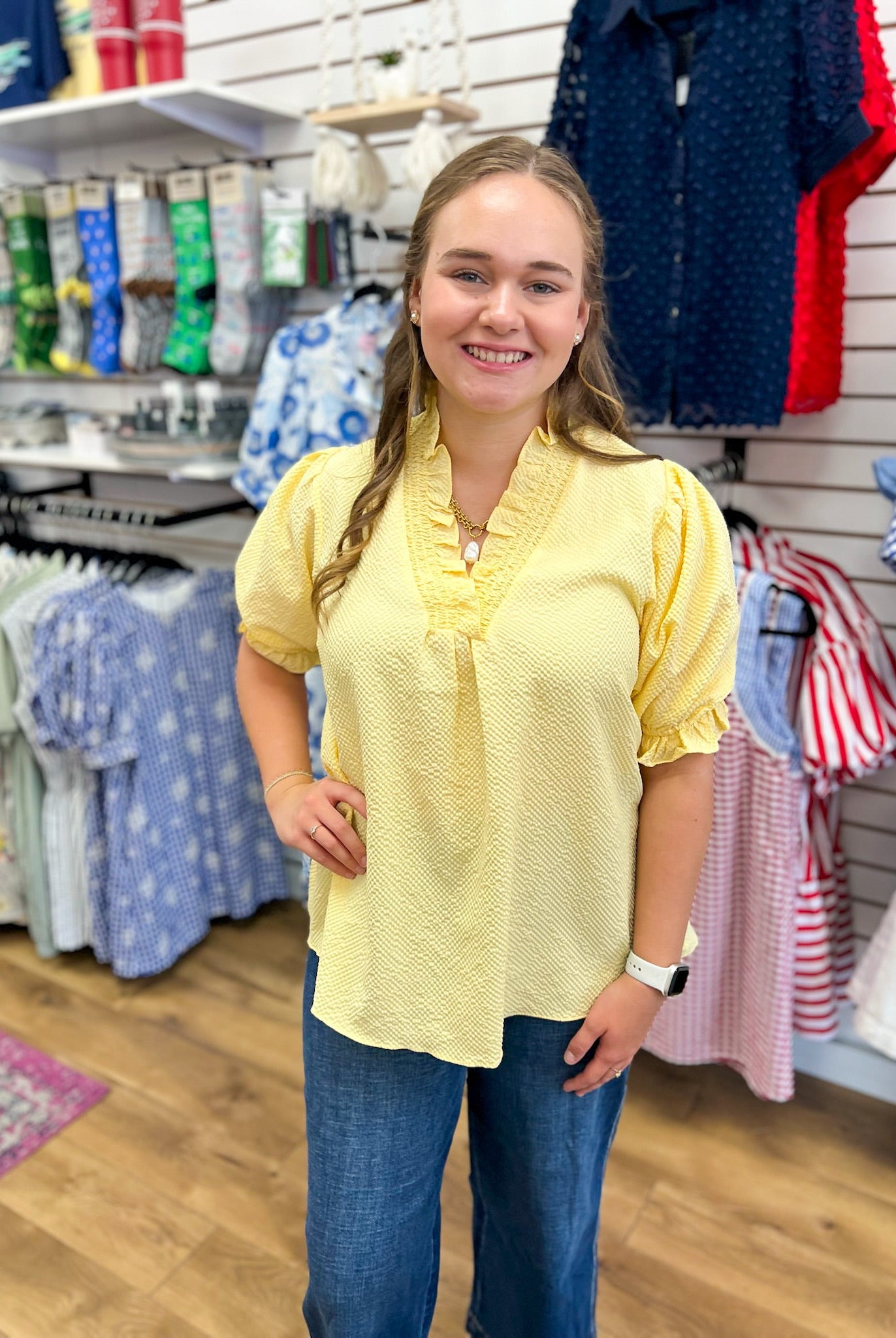 Ice Lemon Ruffle Trimmed V-Neck Top - A'Bekah's Boutique