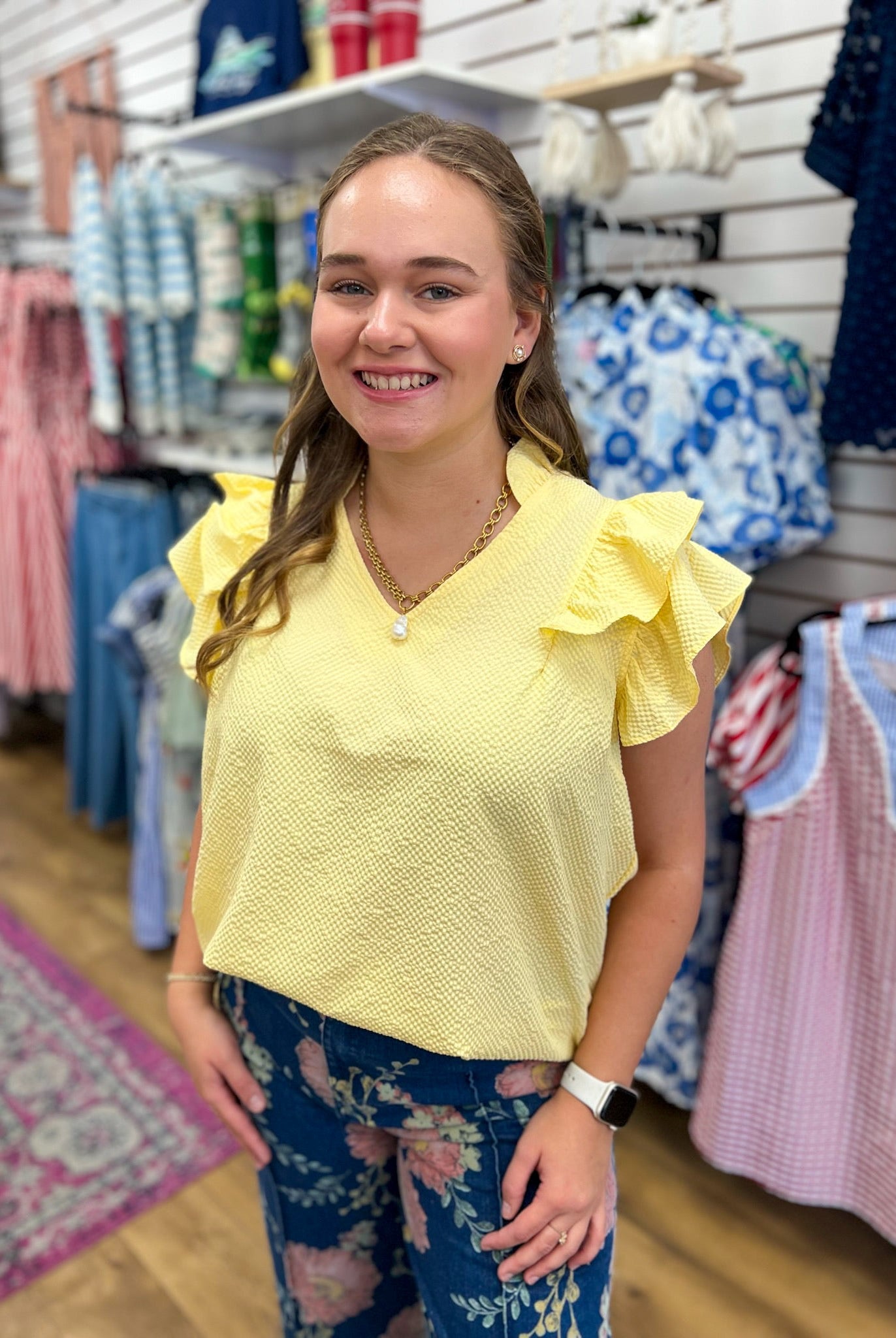Ice Lemon Textured V-Neck Top with Ruffle Sleeves - A'Bekah's Boutique
