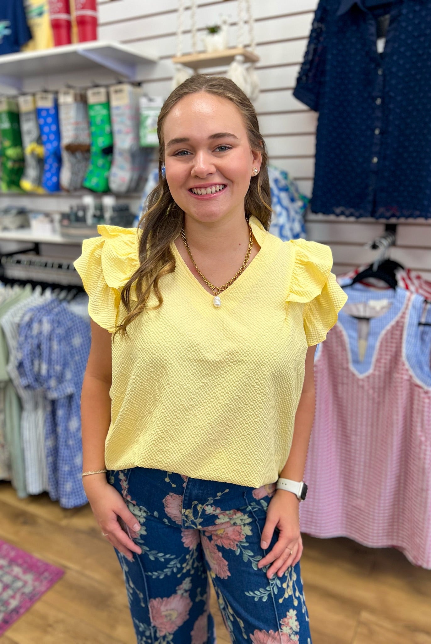 Ice Lemon Textured V-Neck Top with Ruffle Sleeves - A'Bekah's Boutique