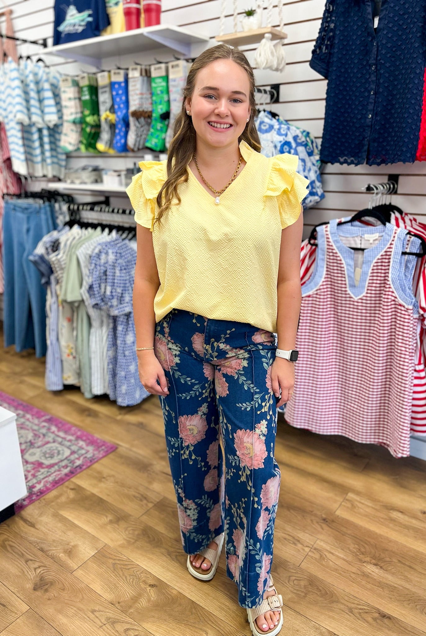 Ice Lemon Textured V-Neck Top with Ruffle Sleeves - A'Bekah's Boutique
