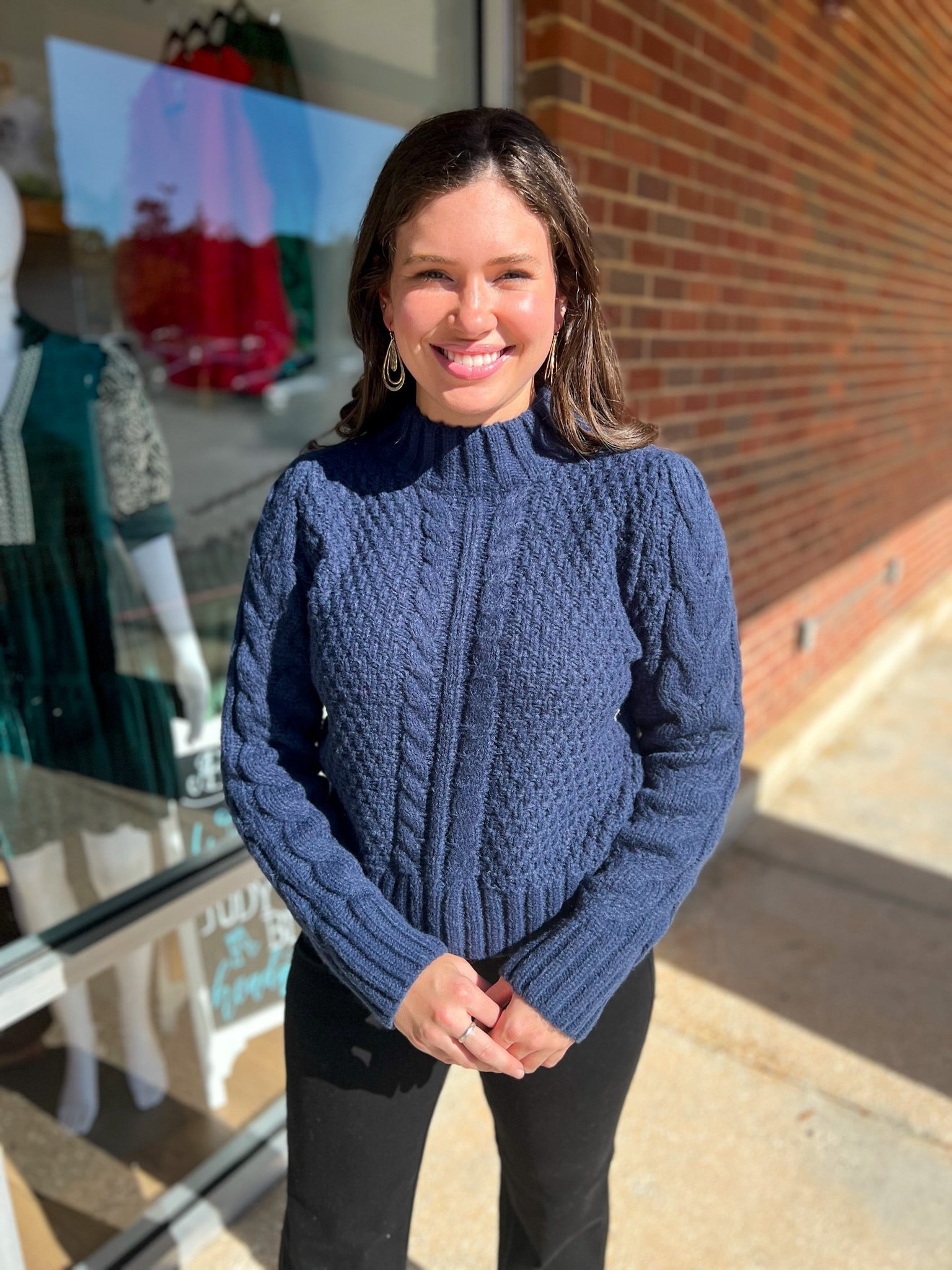 I'll Show You Navy Puff Shoulder Cable Knit Sweater with Mock Neck - A'Bekah's Boutique