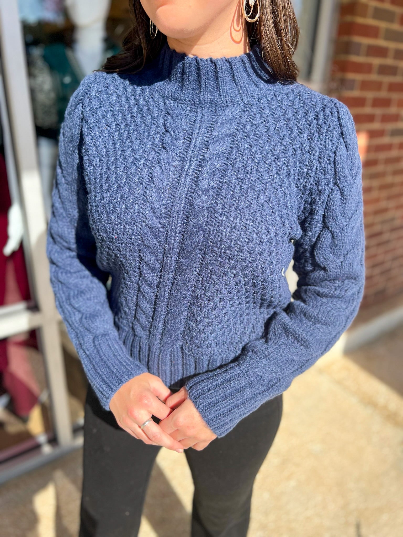I'll Show You Navy Puff Shoulder Cable Knit Sweater with Mock Neck - A'Bekah's Boutique