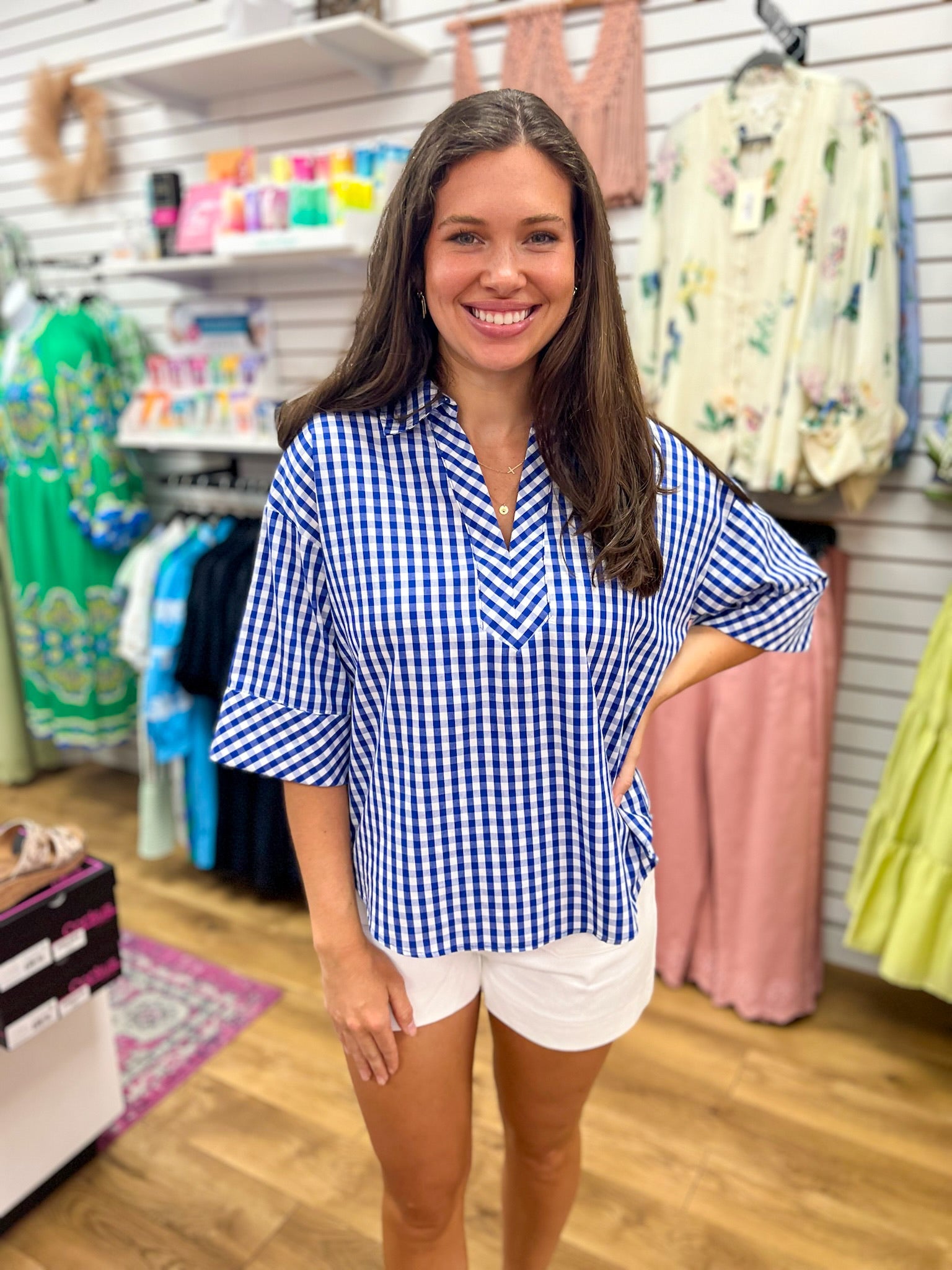 Indigo Blue Gingham V - Neck Top with 3/4 Sleeves - A'Bekah's Boutique