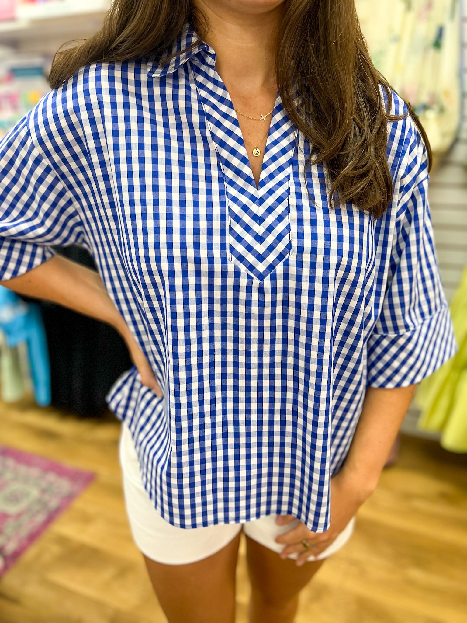 Indigo Blue Gingham V - Neck Top with 3/4 Sleeves - A'Bekah's Boutique