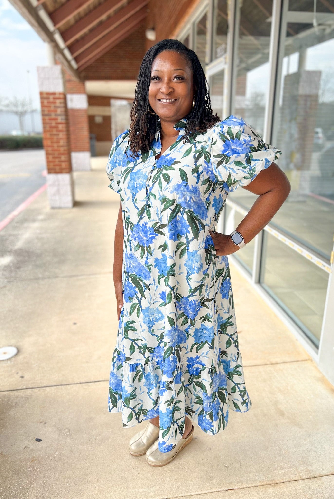 Ivory and Royal Floral Midi Dress with Short Puff Sleeves (C) - A'Bekah's Boutique