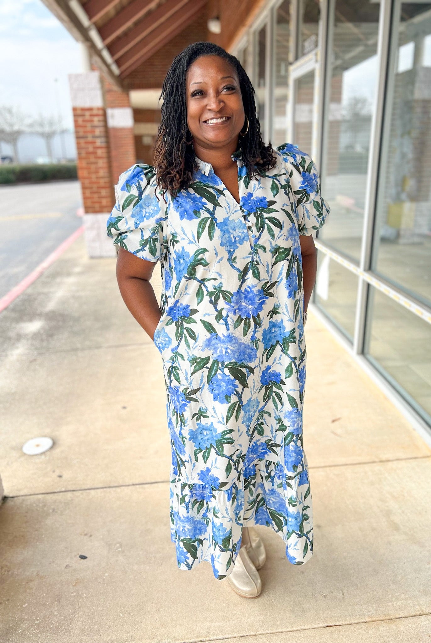 Ivory and Royal Floral Midi Dress with Short Puff Sleeves (C) - A'Bekah's Boutique