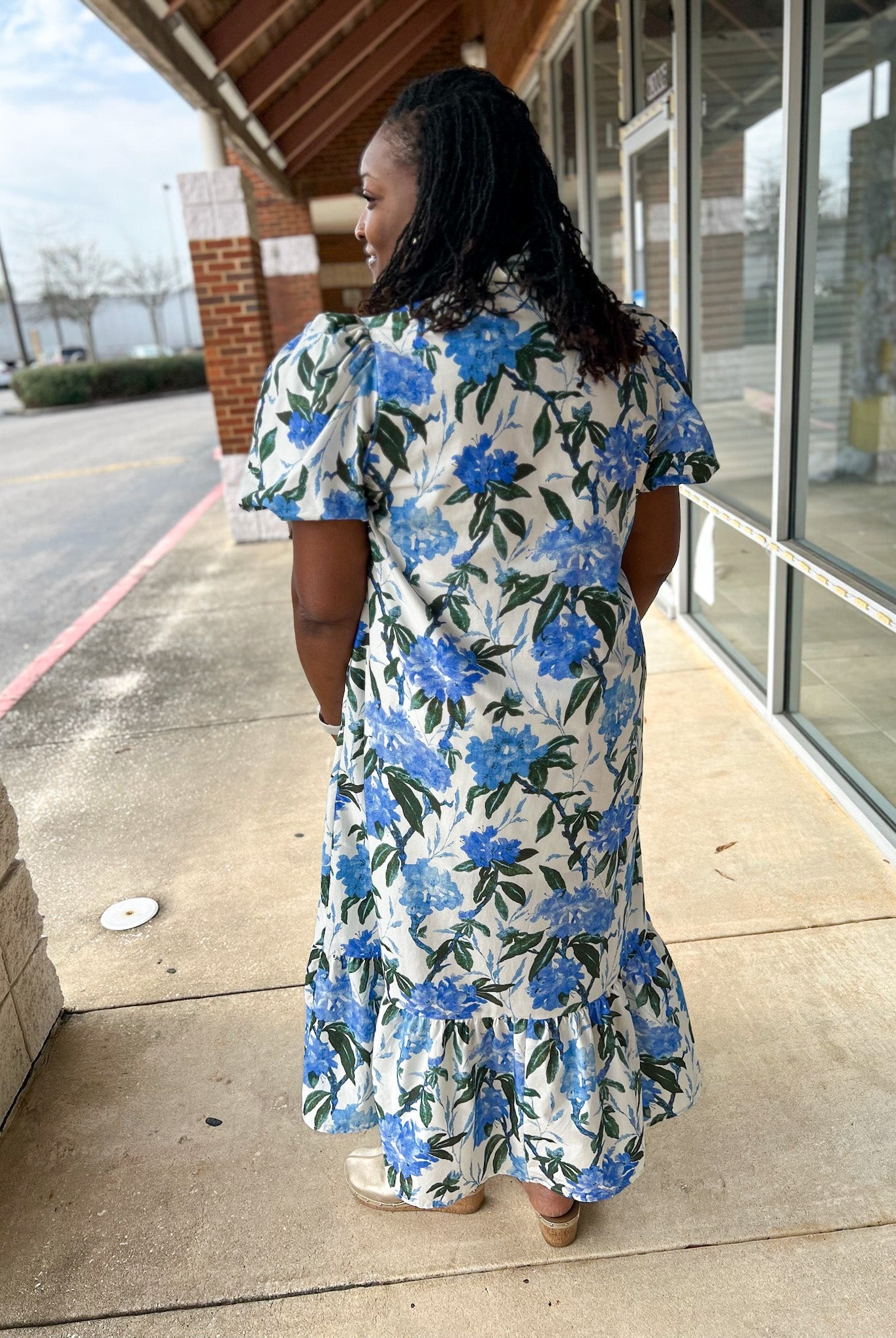 Ivory and Royal Floral Midi Dress with Short Puff Sleeves (C) - A'Bekah's Boutique