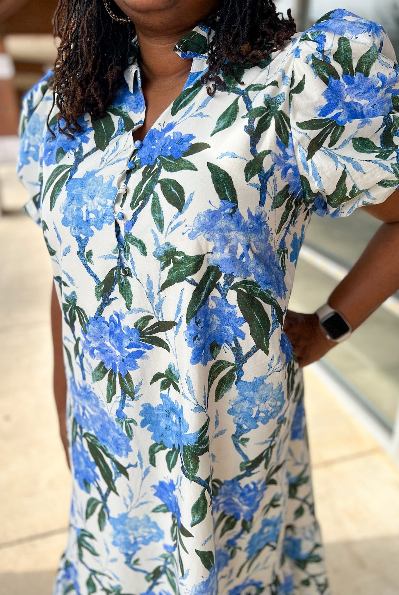 Ivory and Royal Floral Midi Dress with Short Puff Sleeves (C) - A'Bekah's Boutique