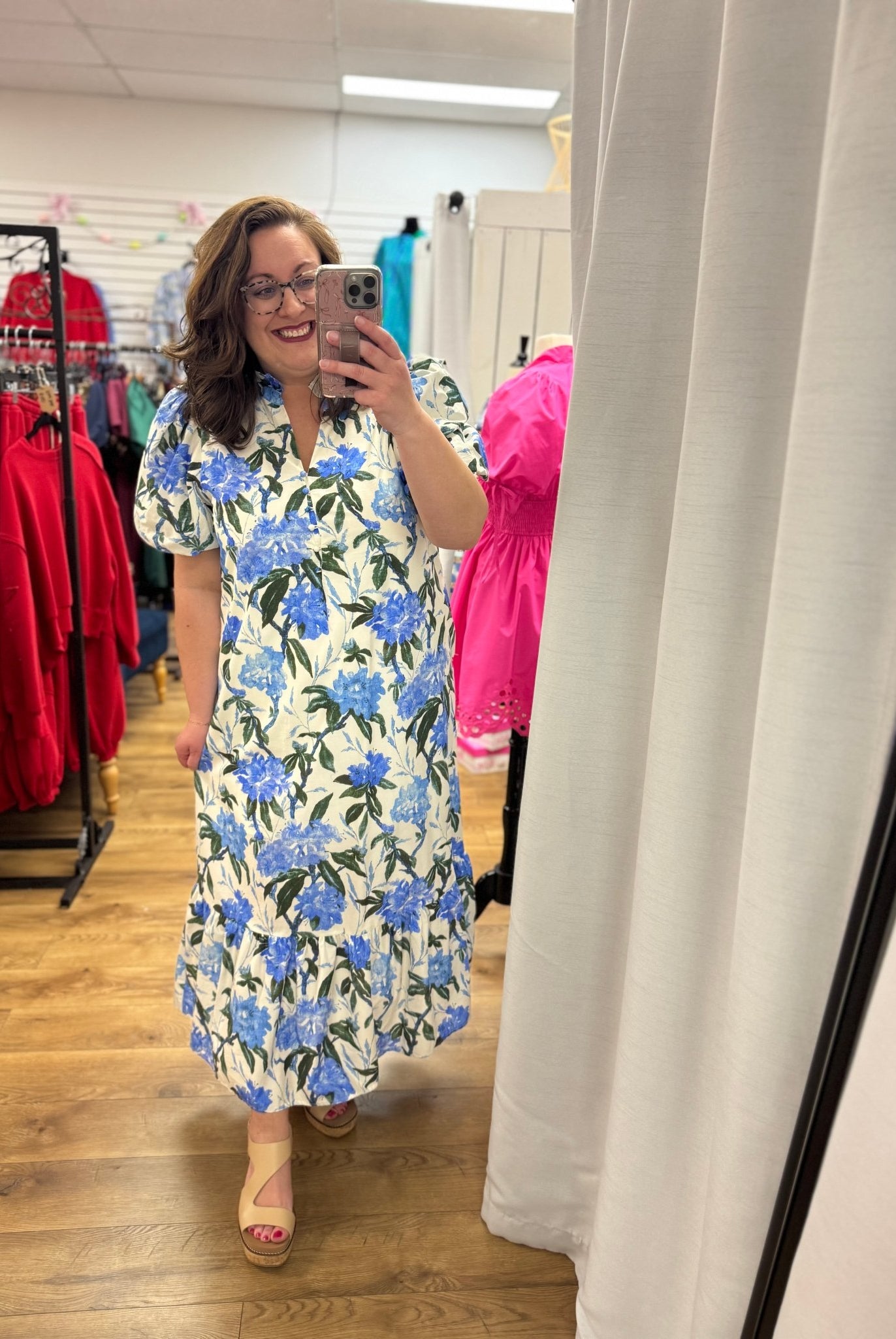 Ivory and Royal Floral Midi Dress with Short Puff Sleeves (R) - A'Bekah's Boutique