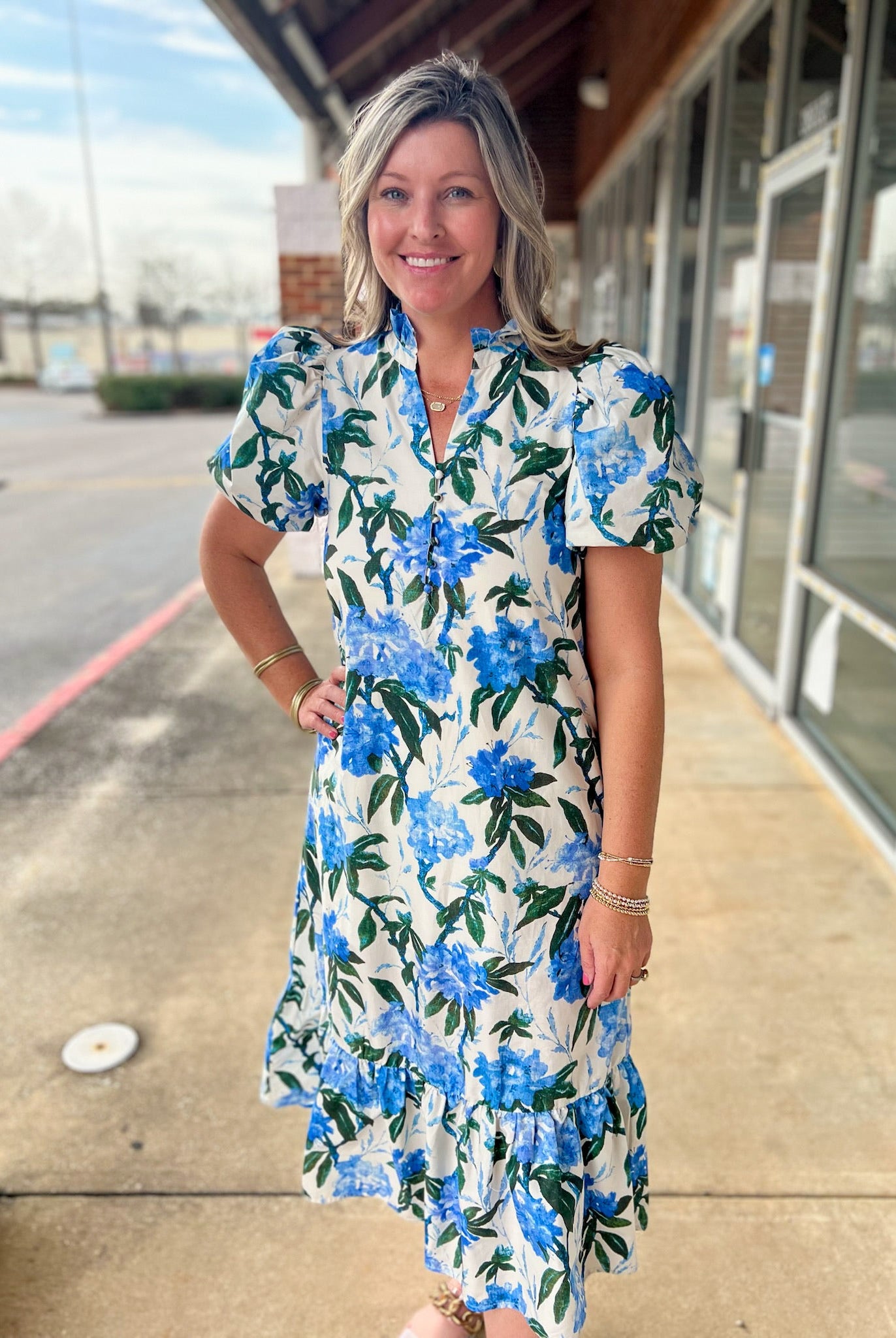 Ivory and Royal Floral Midi Dress with Short Puff Sleeves (R) - A'Bekah's Boutique