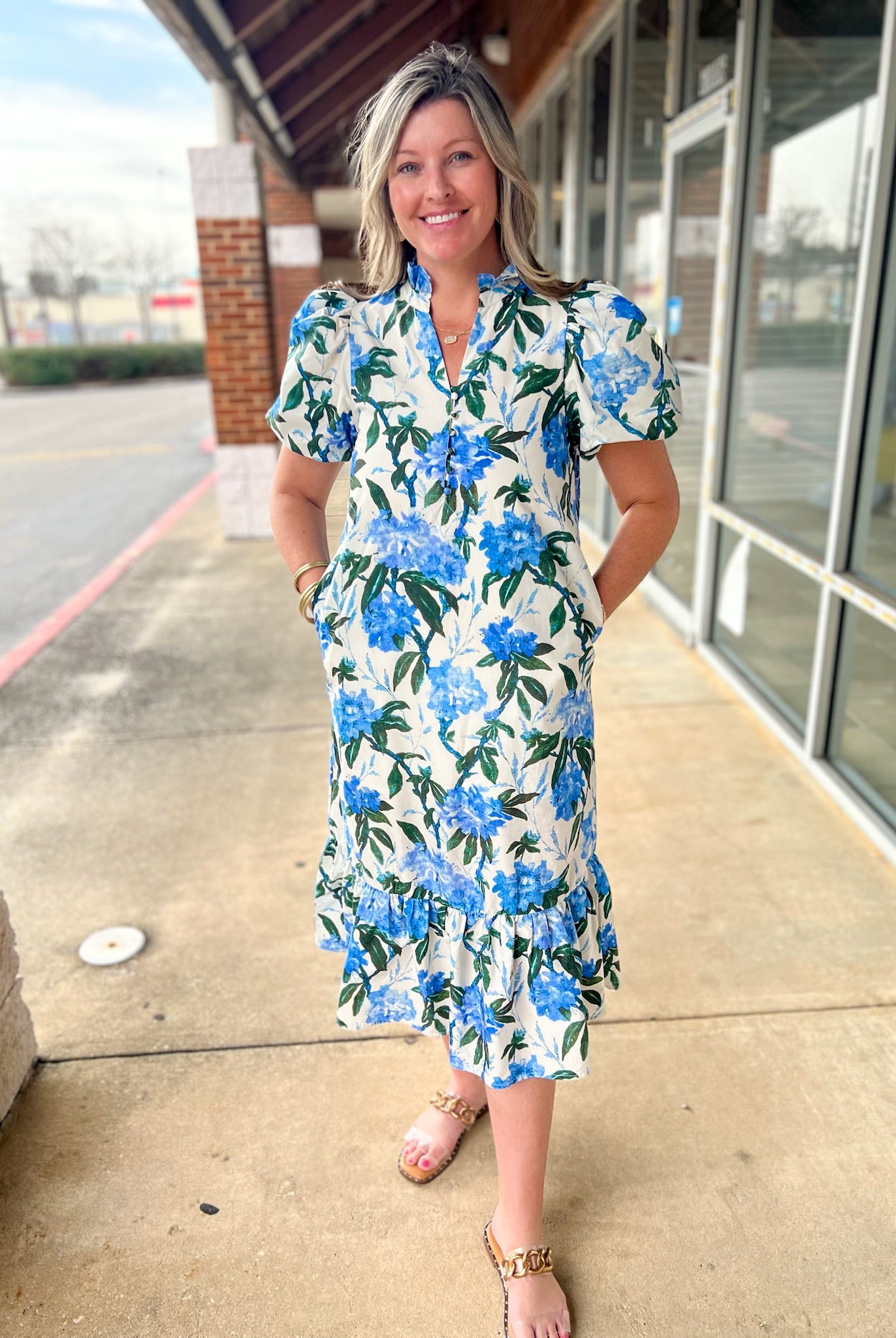 Ivory and Royal Floral Midi Dress with Short Puff Sleeves (R) - A'Bekah's Boutique