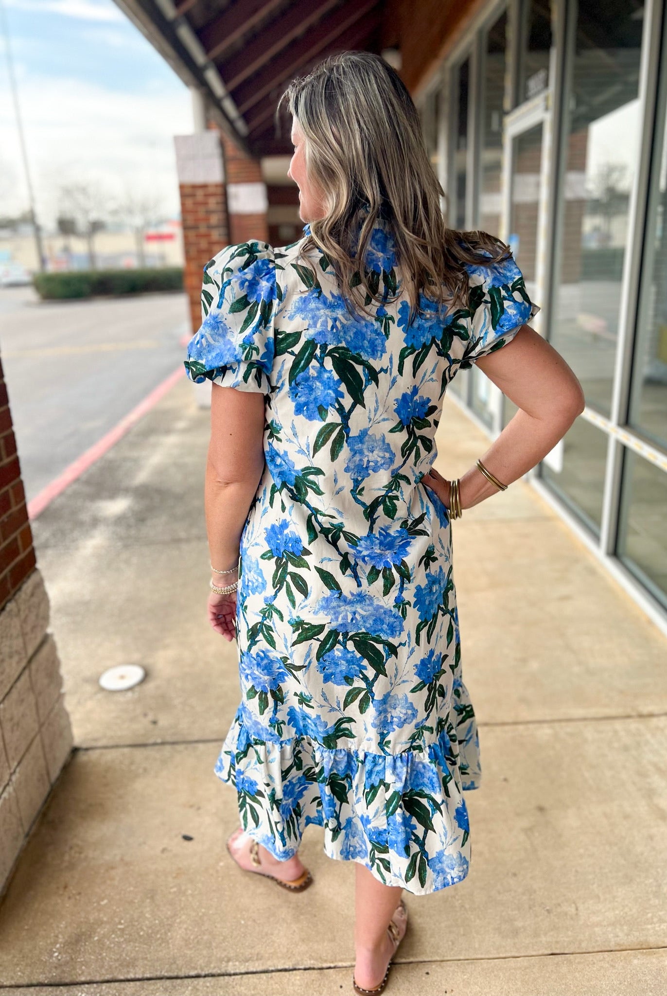 Ivory and Royal Floral Midi Dress with Short Puff Sleeves (R) - A'Bekah's Boutique