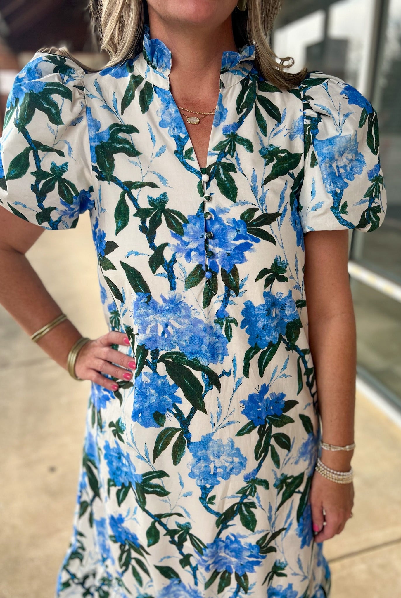 Ivory and Royal Floral Midi Dress with Short Puff Sleeves (R) - A'Bekah's Boutique