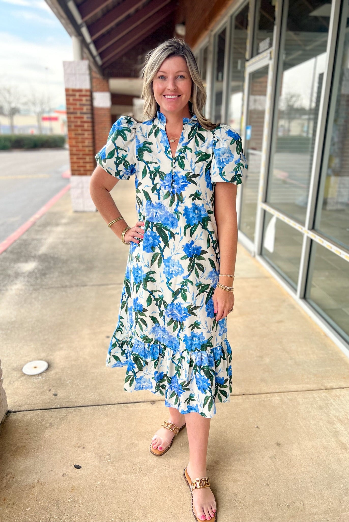 Ivory and Royal Floral Midi Dress with Short Puff Sleeves (R) - A'Bekah's Boutique