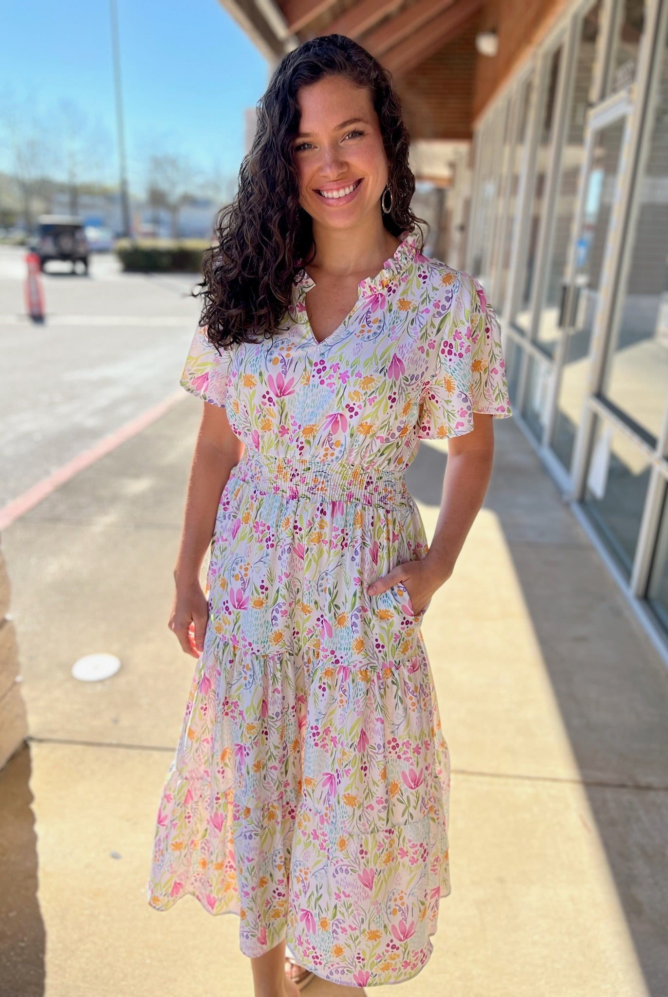Ivory Floral Short Sleeve Midi Dress with Smocked Waist (R) - A'Bekah's Boutique
