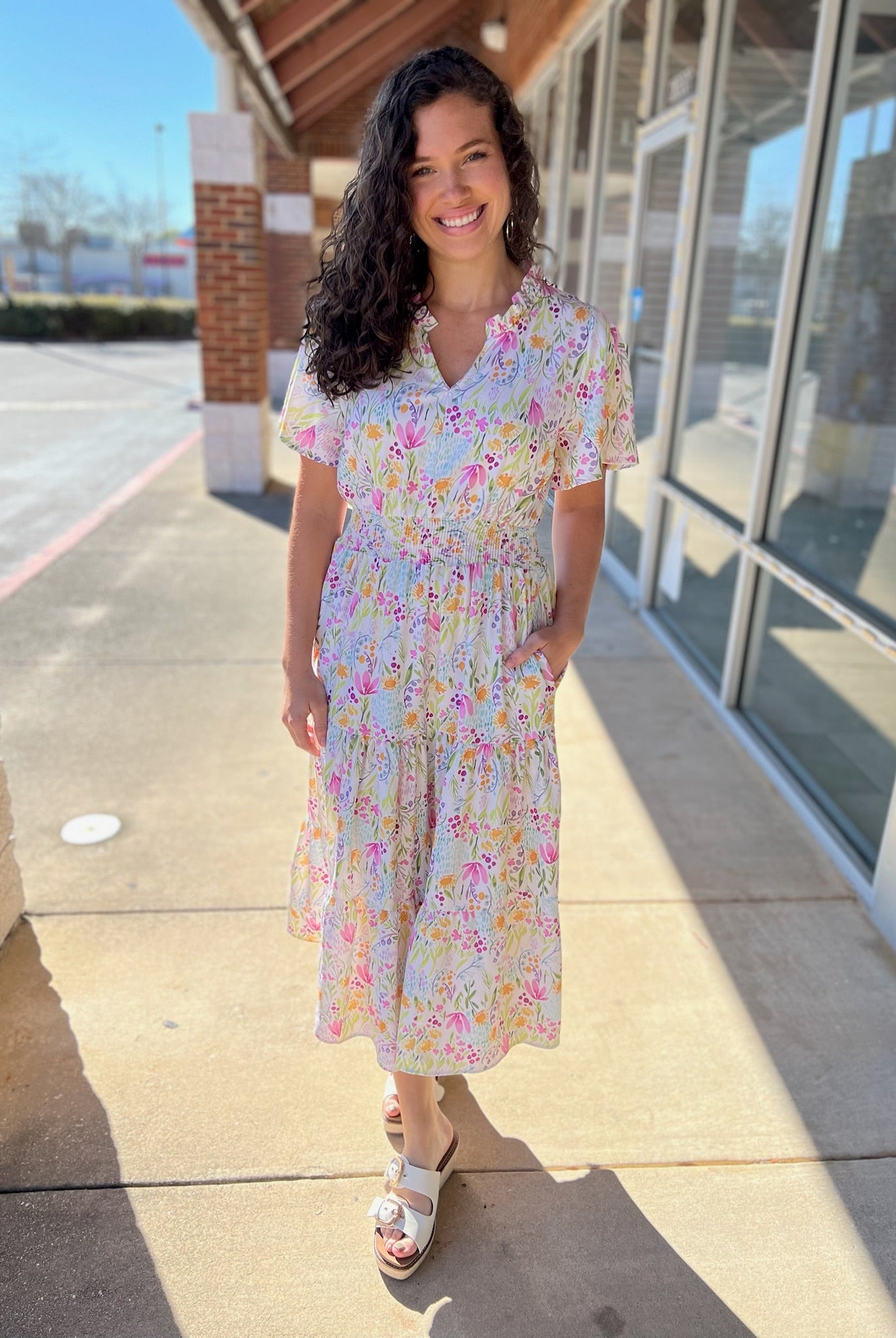 Ivory Floral Short Sleeve Midi Dress with Smocked Waist (R) - A'Bekah's Boutique