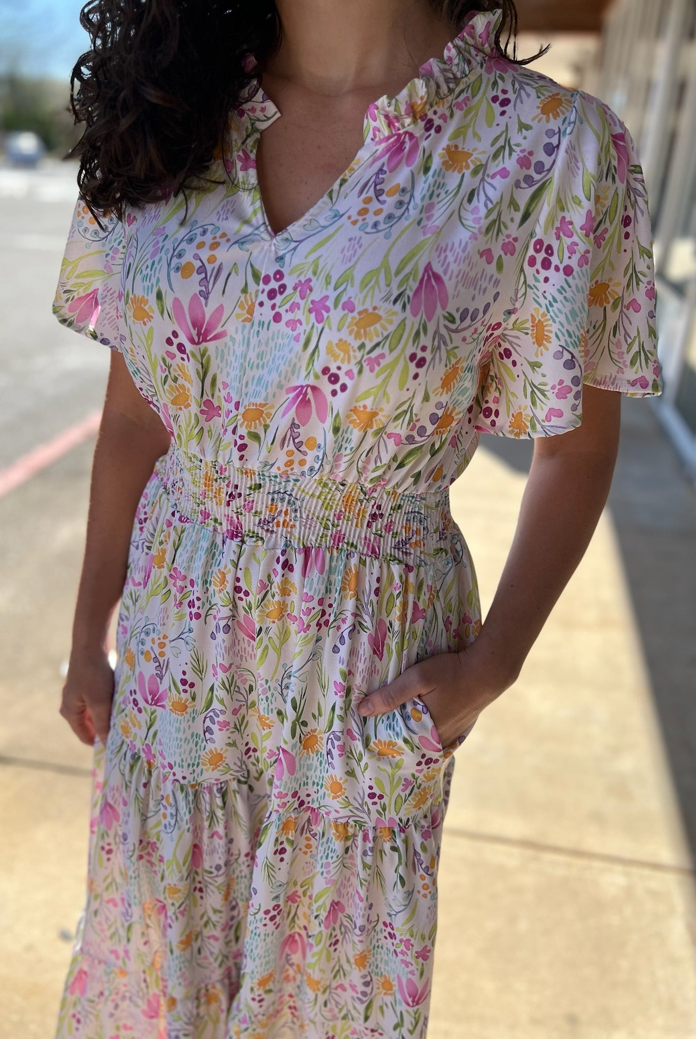 Ivory Floral Short Sleeve Midi Dress with Smocked Waist (R) - A'Bekah's Boutique