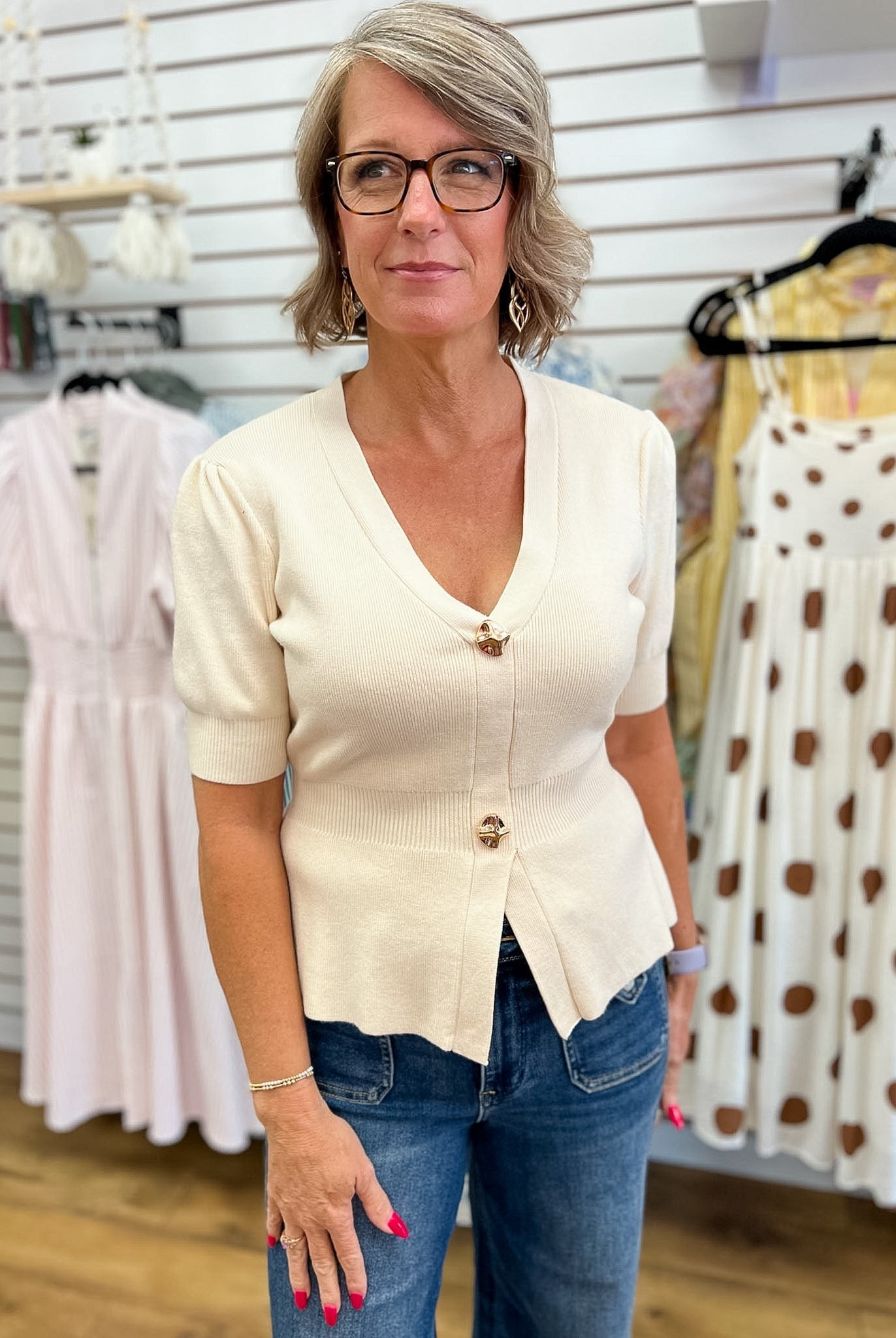 Ivory Ribbed Short Sleeve Cardigan with Gold Buttons - A'Bekah's Boutique