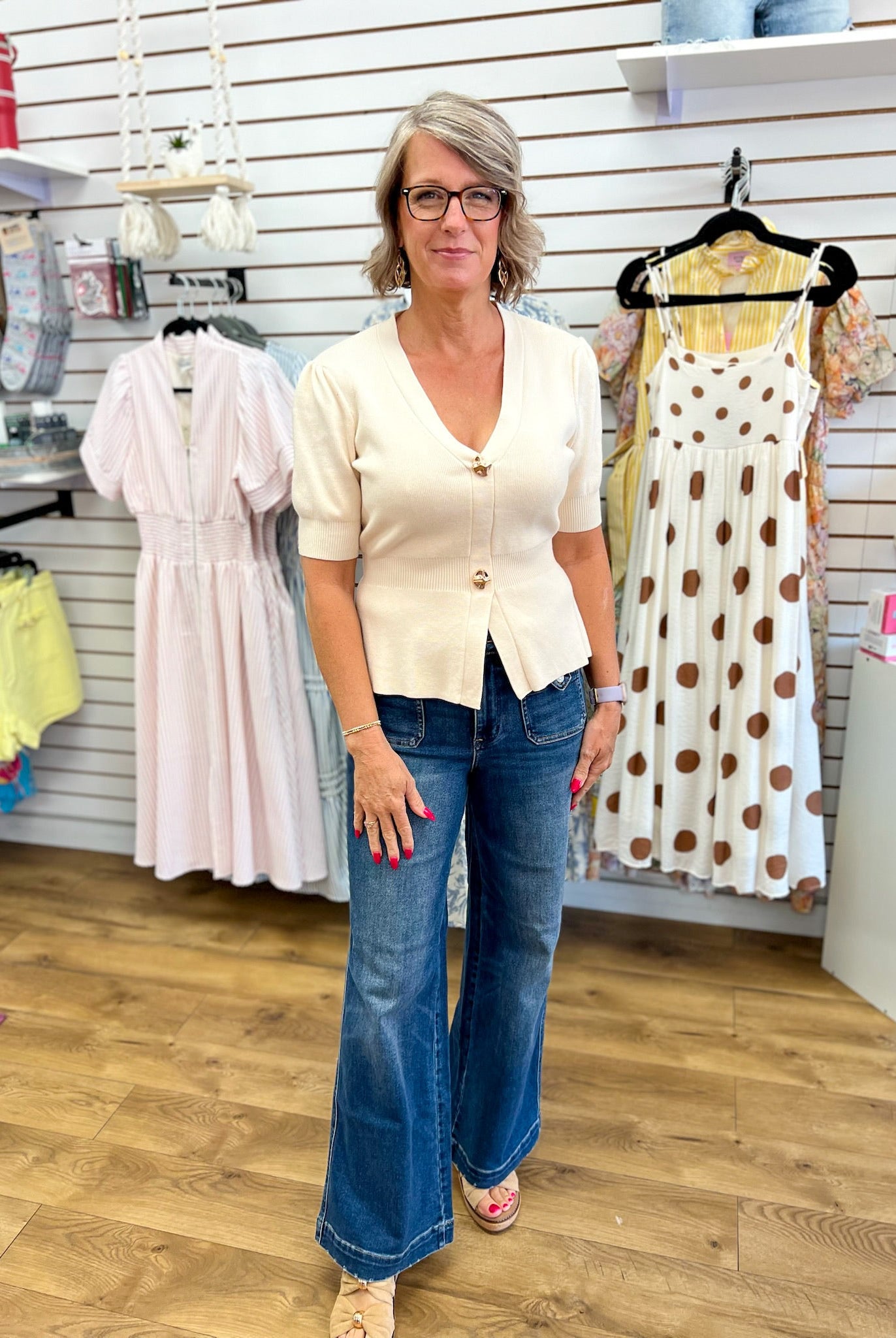 Ivory Ribbed Short Sleeve Cardigan with Gold Buttons - A'Bekah's Boutique