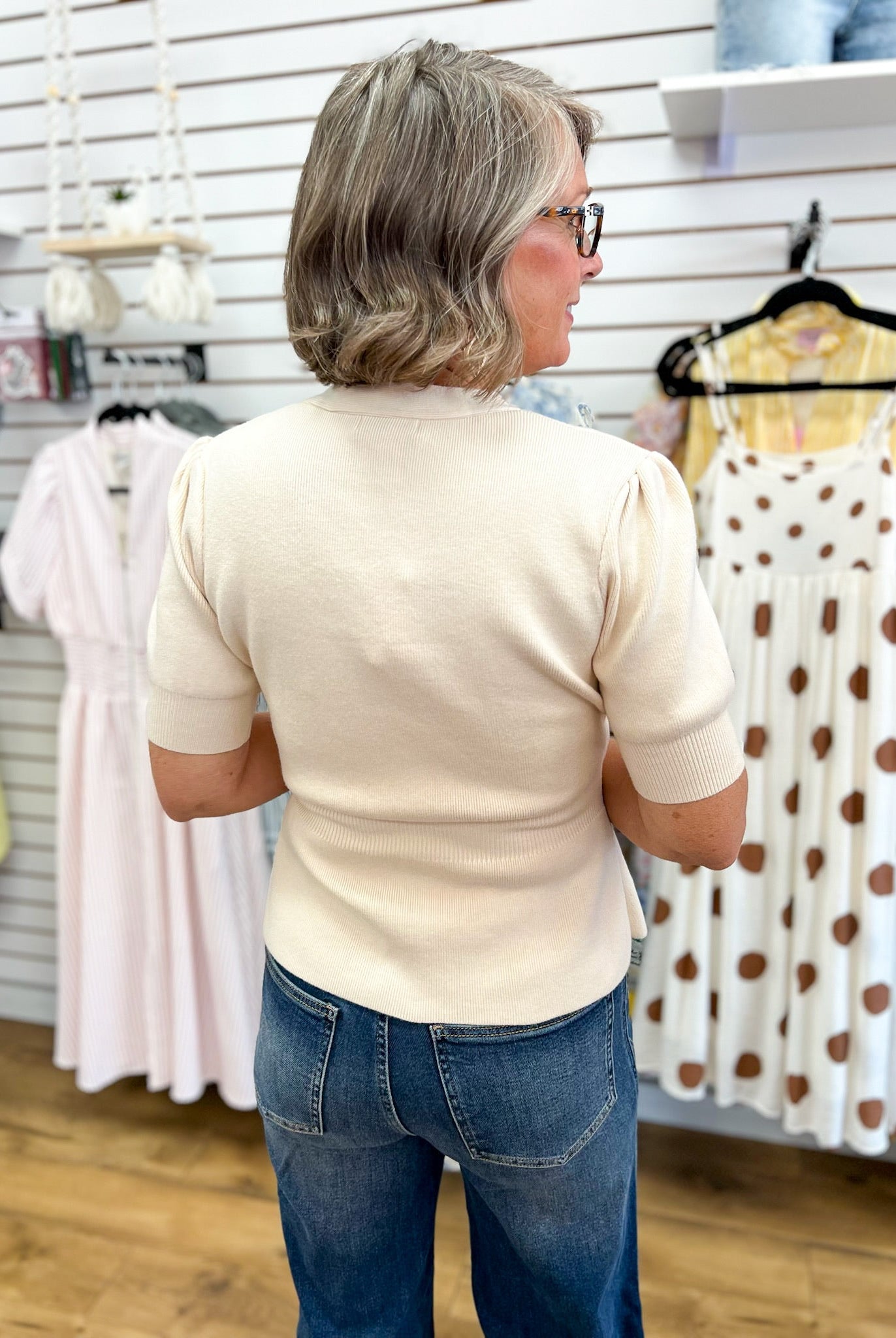 Ivory Ribbed Short Sleeve Cardigan with Gold Buttons - A'Bekah's Boutique