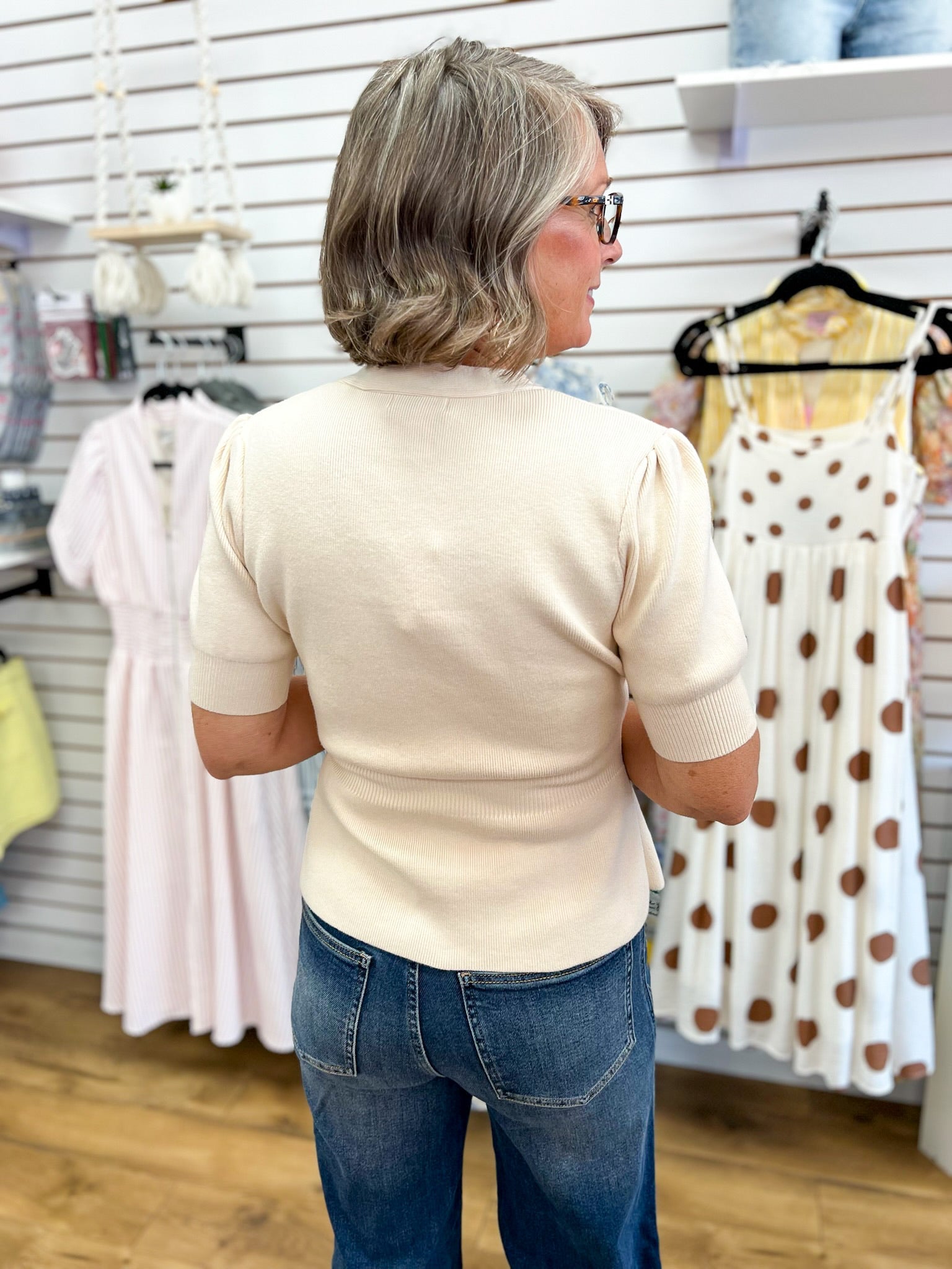 Ivory Ribbed Short Sleeve Cardigan with Gold Buttons - A'Bekah's Boutique