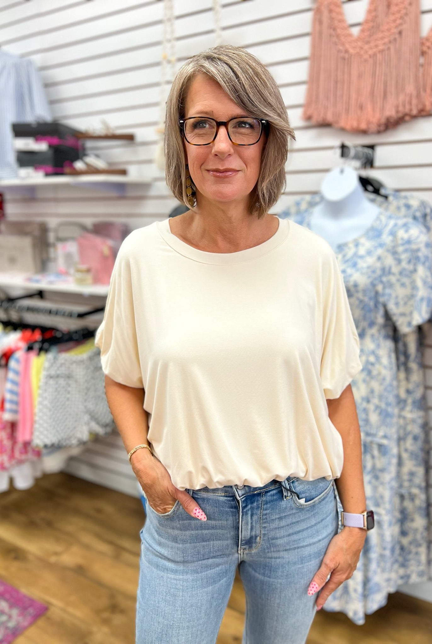 Ivory Short Sleeve Top with Bubble Sleeves and Hem - A'Bekah's Boutique