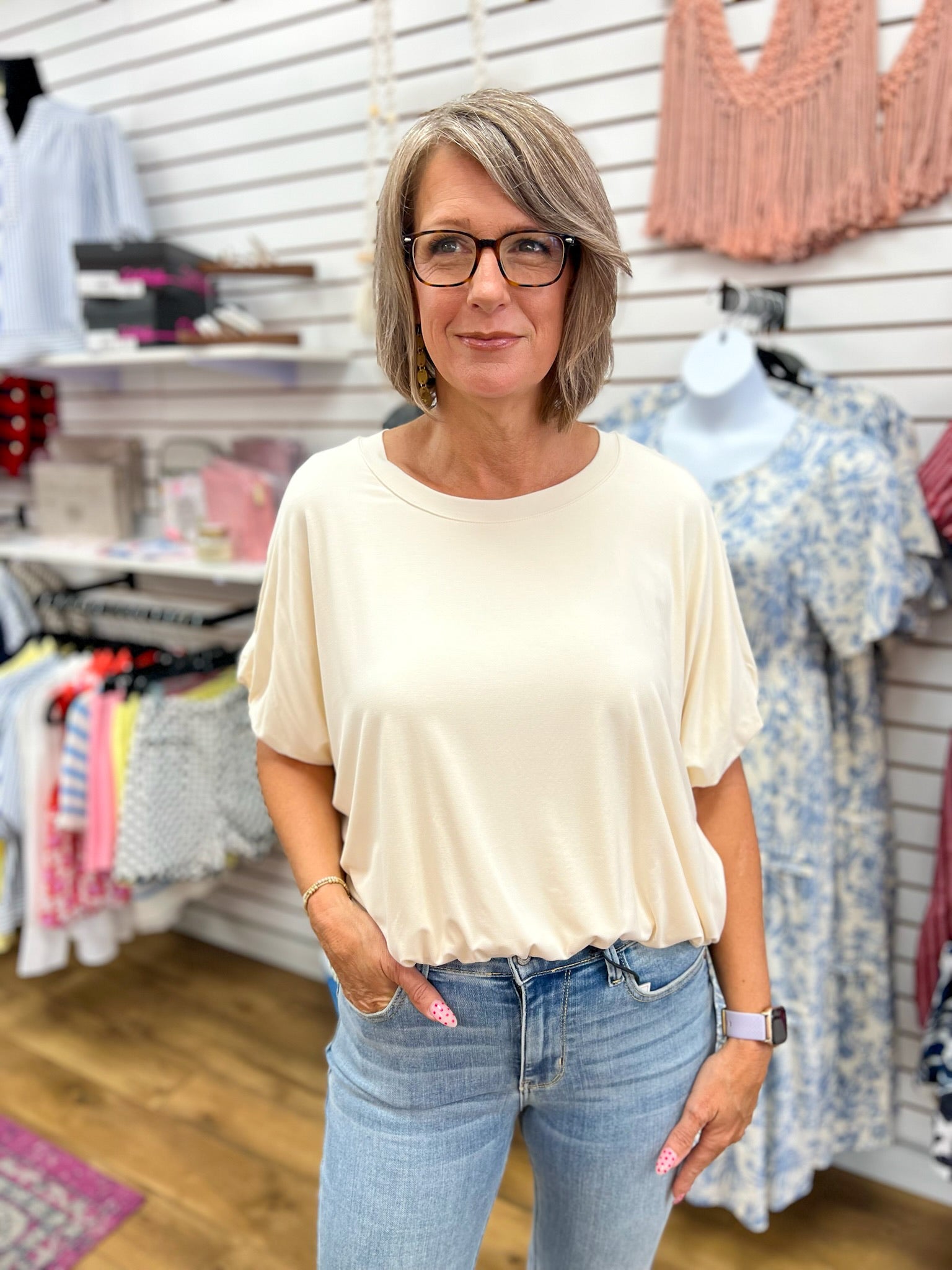Ivory Short Sleeve Top with Bubble Sleeves and Hem - A'Bekah's Boutique